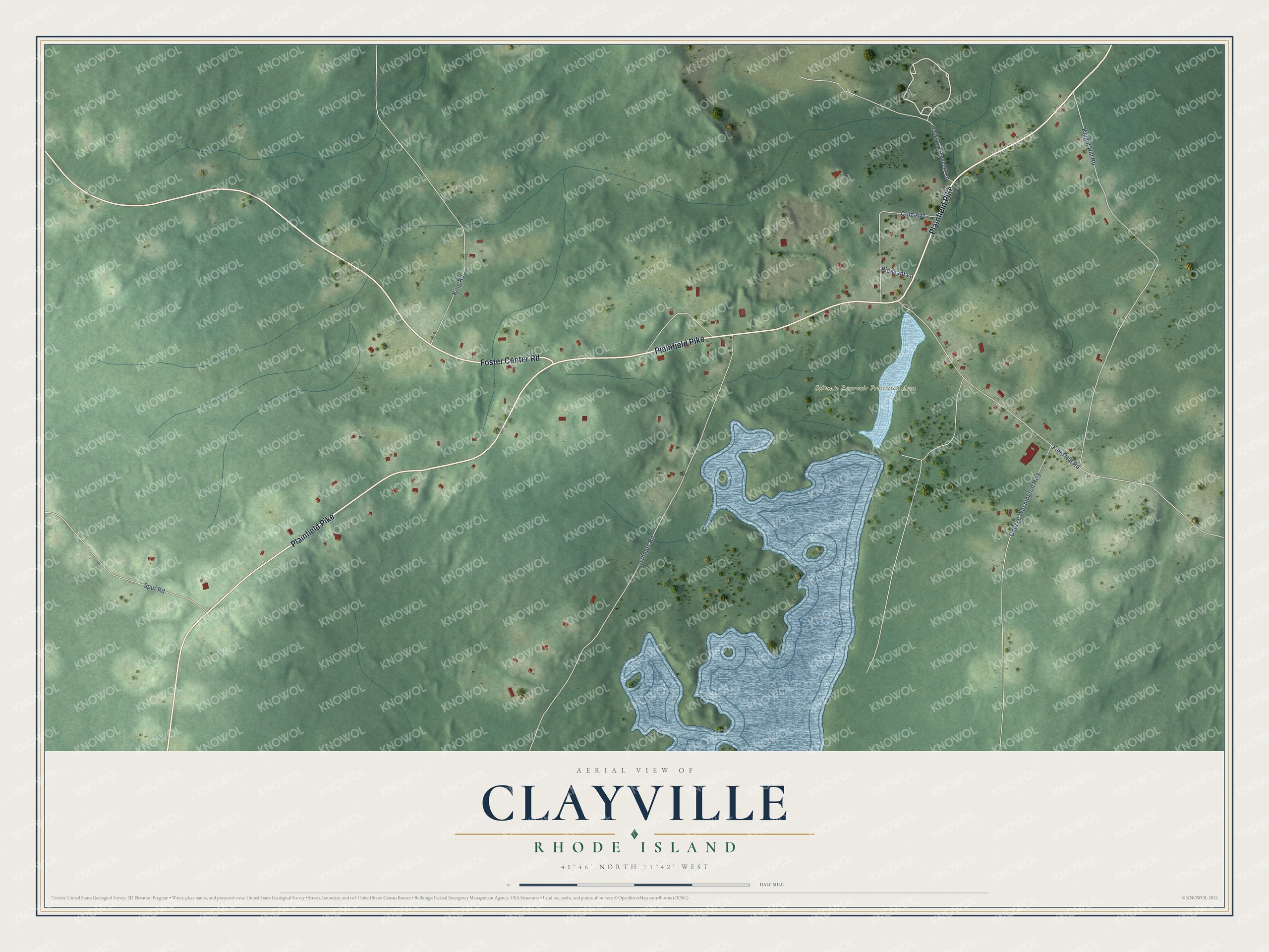 Full map of Clayville, Rhode Island, with red buildings, printed street names and the land around them
