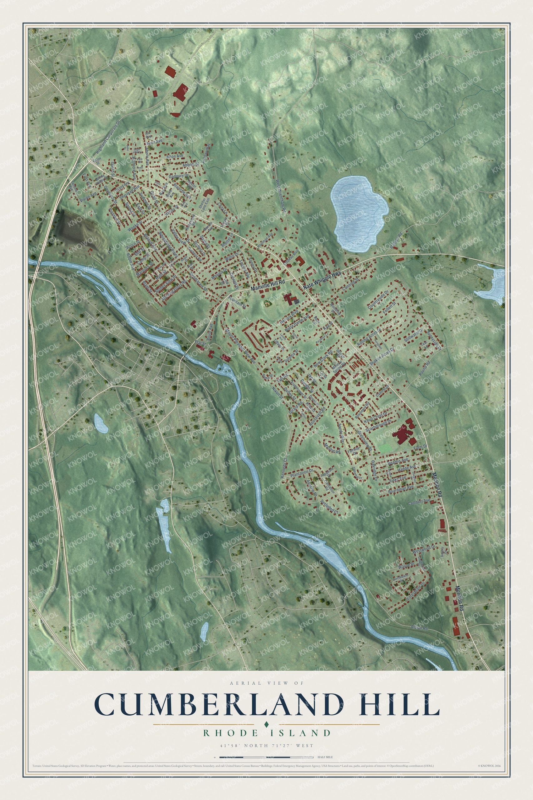Full map of Cumberland Hill, Rhode Island, with red buildings, printed street names and the land around them