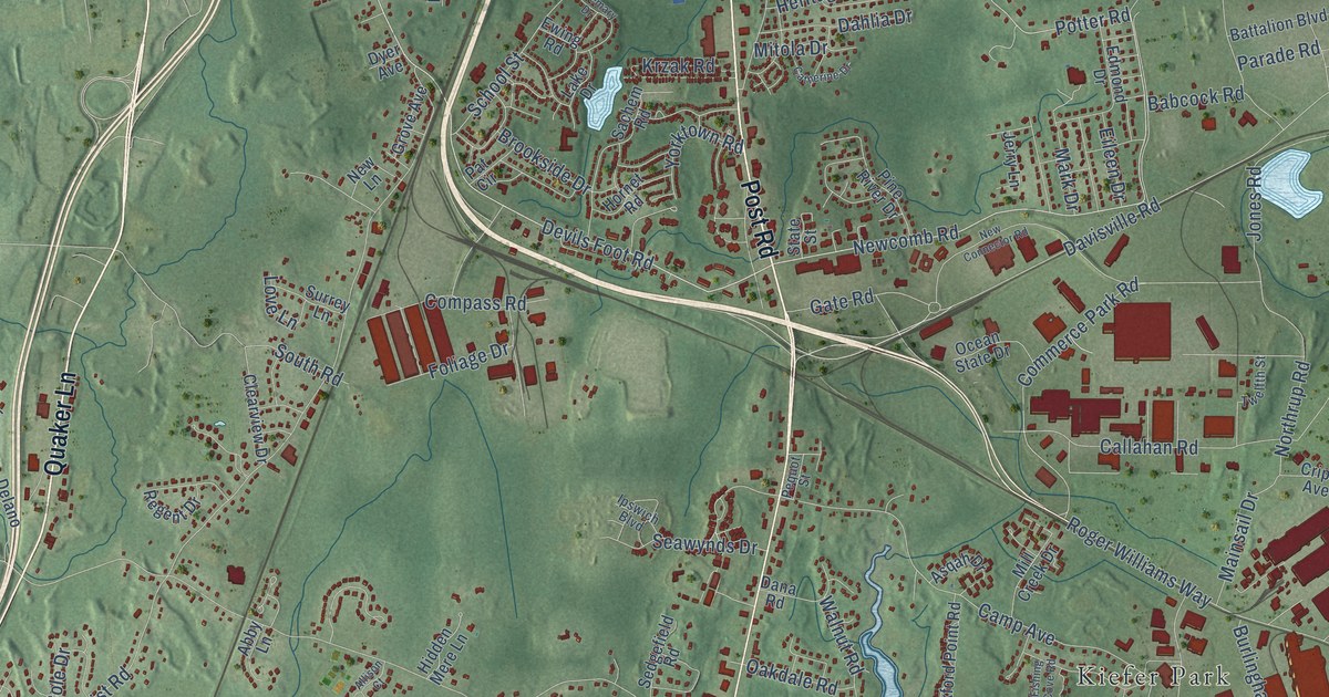 Close-up of streets and buildings in Davisville, Rhode Island