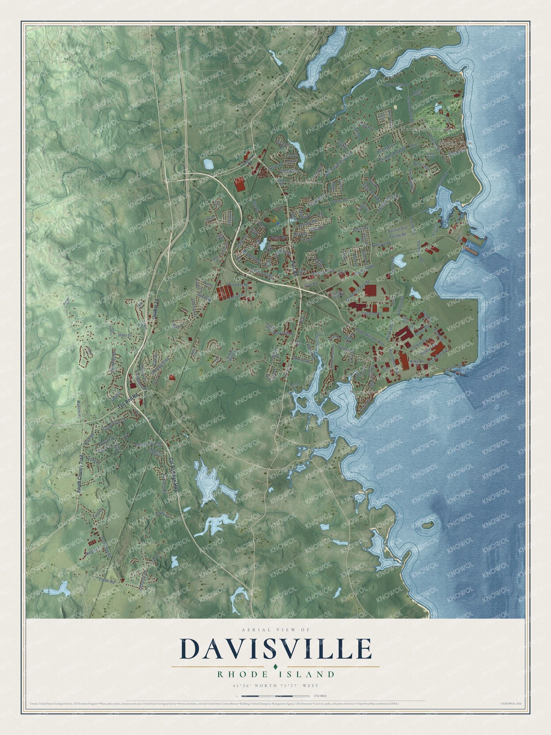 Full map of Davisville, Rhode Island, with red buildings, printed street names and the land around them