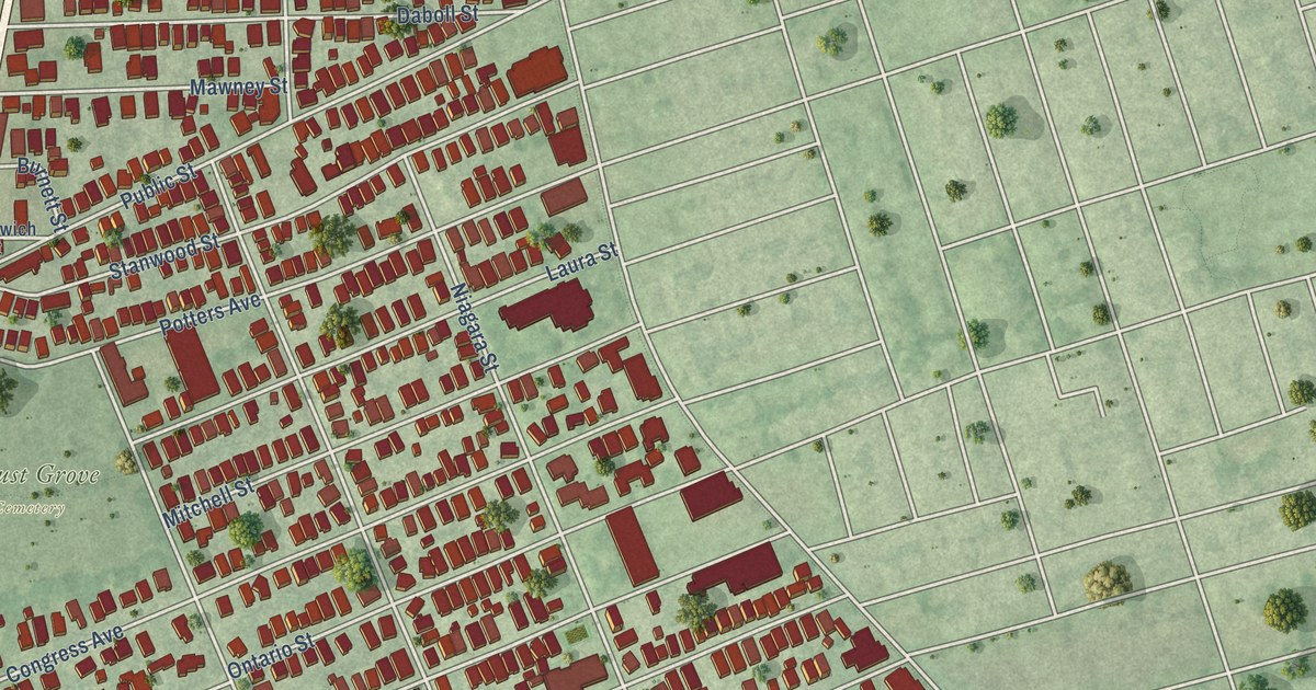 Close-up of streets and buildings in Elmwood, Rhode Island