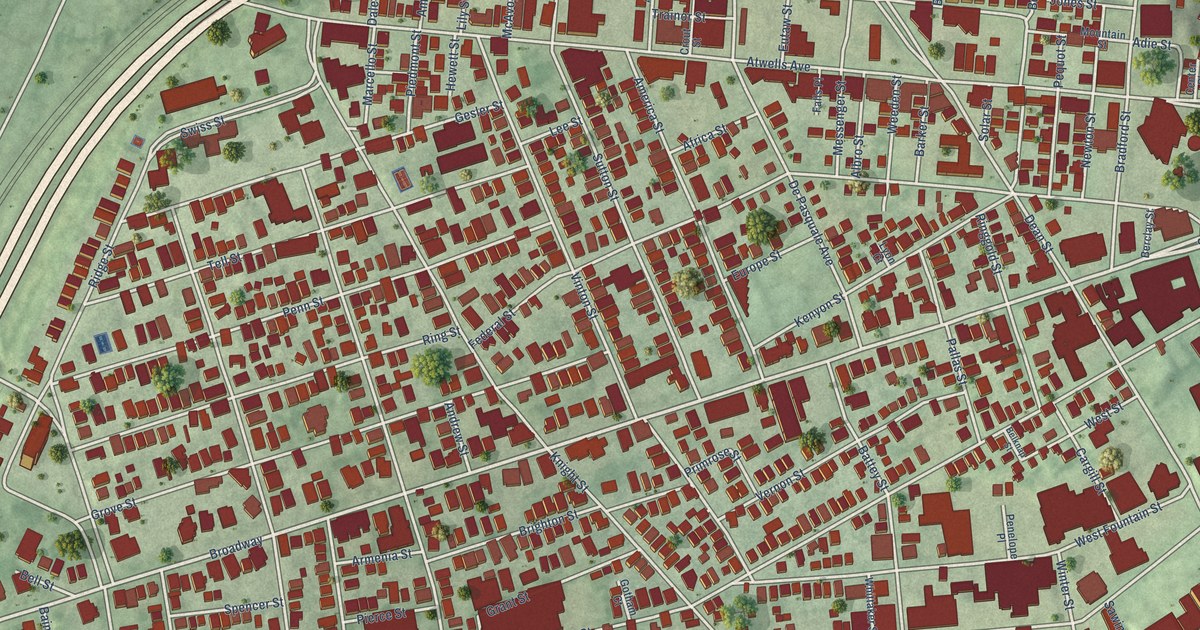 Close-up of streets and buildings in Federal Hill, Rhode Island