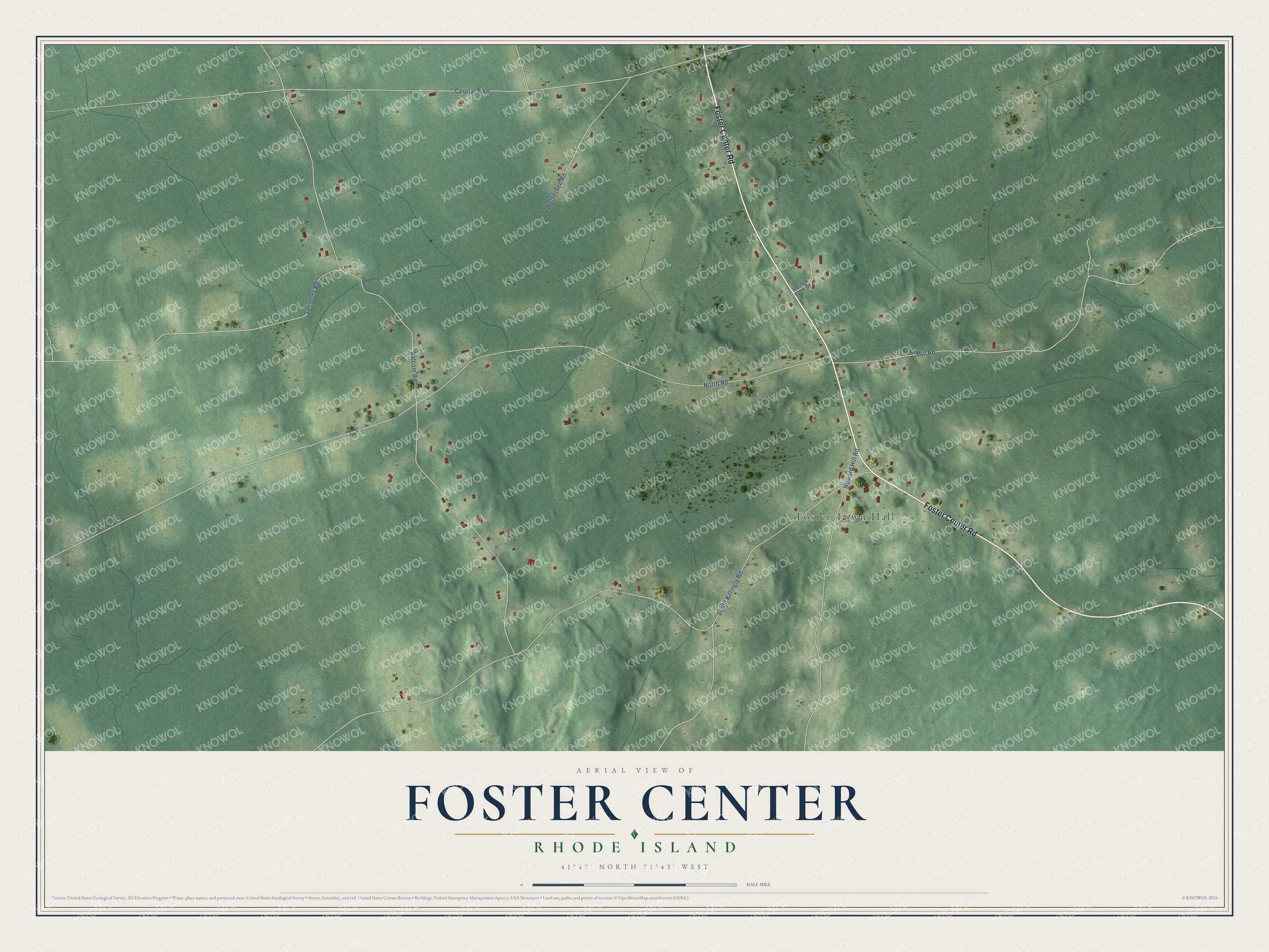 Full map of Foster Center, Rhode Island, with red buildings, printed street names and the land around them