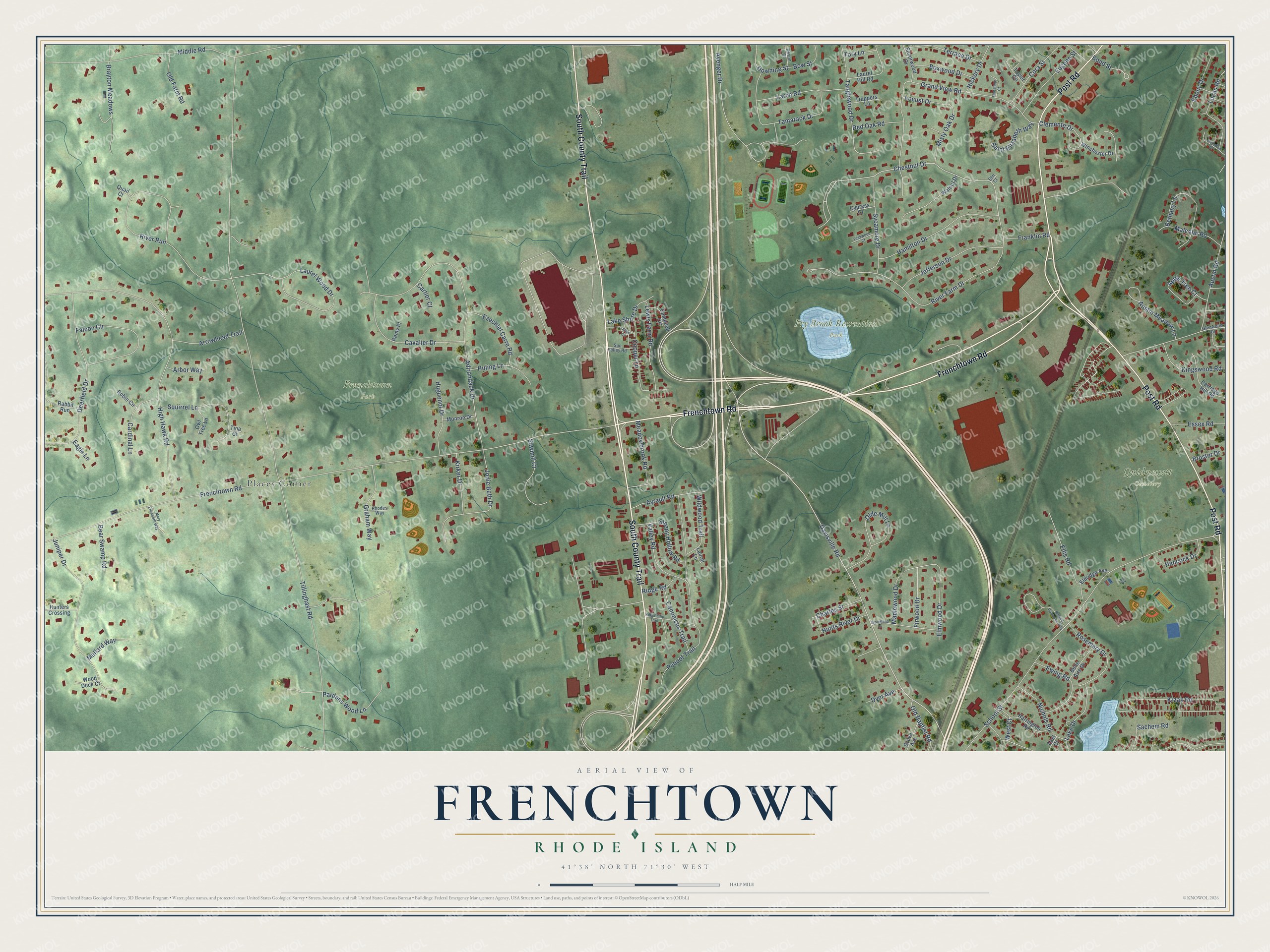 Full map of Frenchtown, Rhode Island, with red buildings, printed street names and the land around them