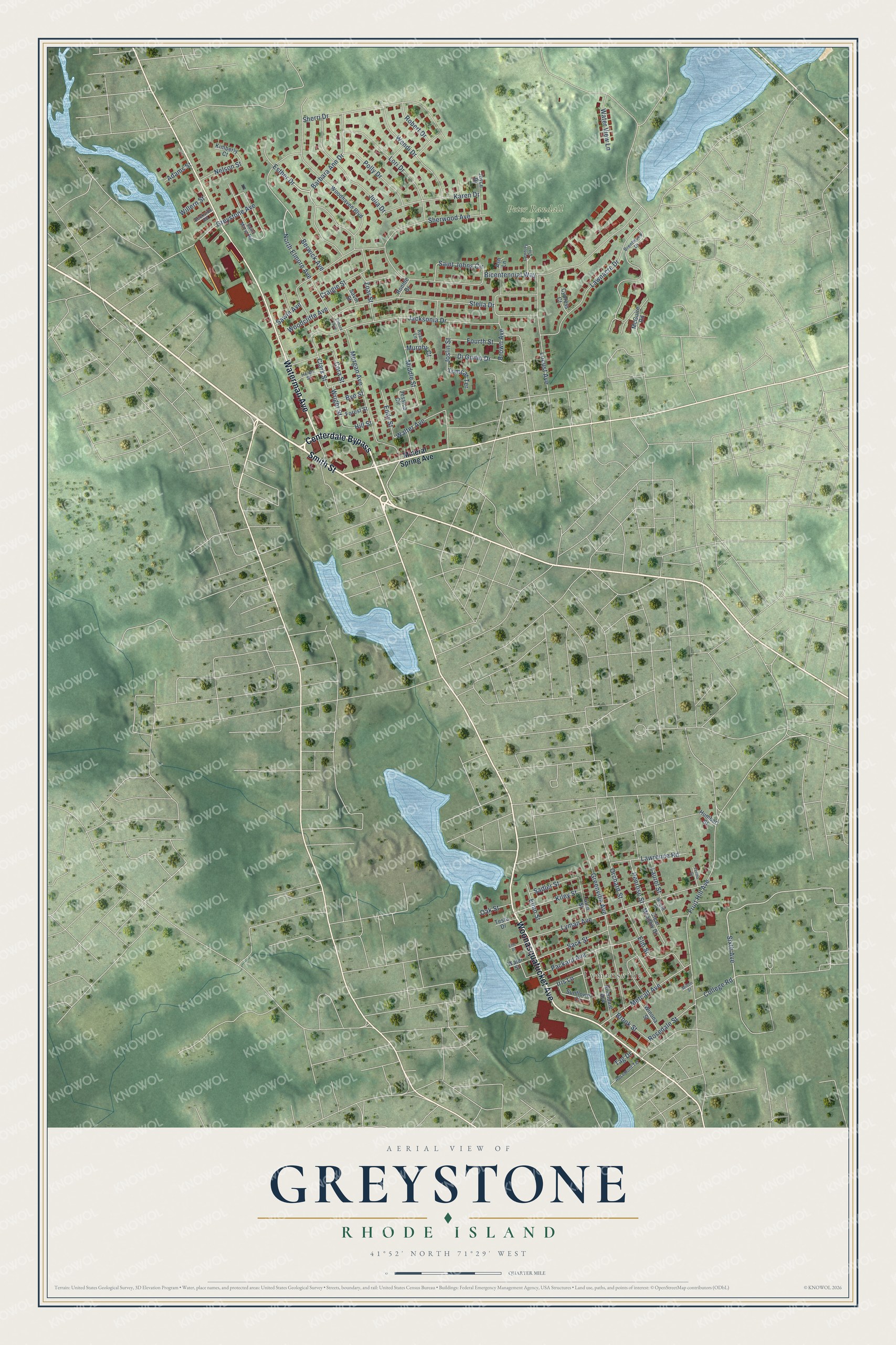 Full map of Greystone, Rhode Island, with red buildings, printed street names and the land around them