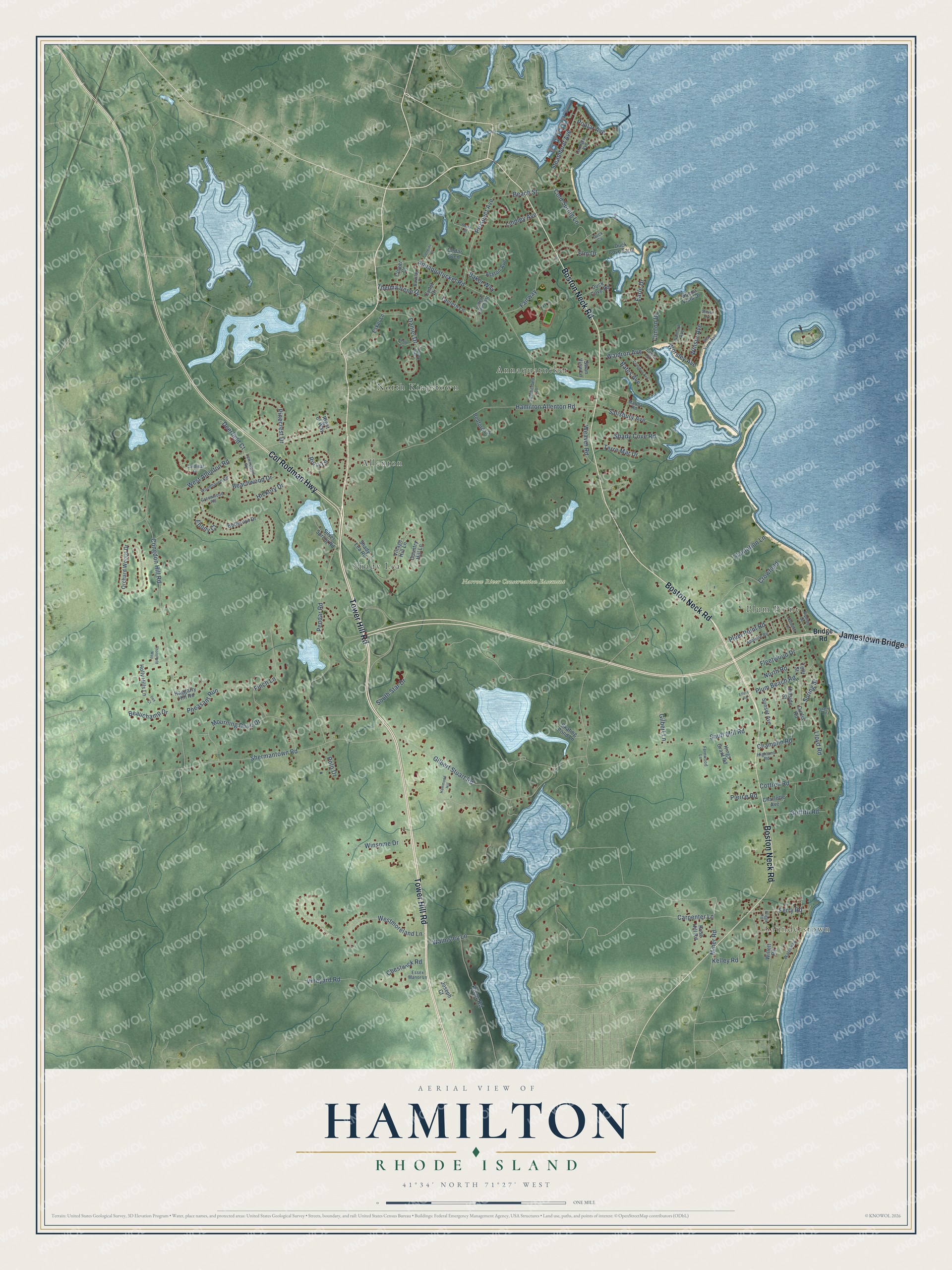 Full map of Hamilton, Rhode Island, with red buildings, printed street names and the land around them