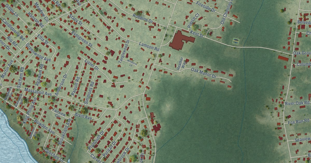 Close-up of streets and buildings in Hampden Meadows, Rhode Island