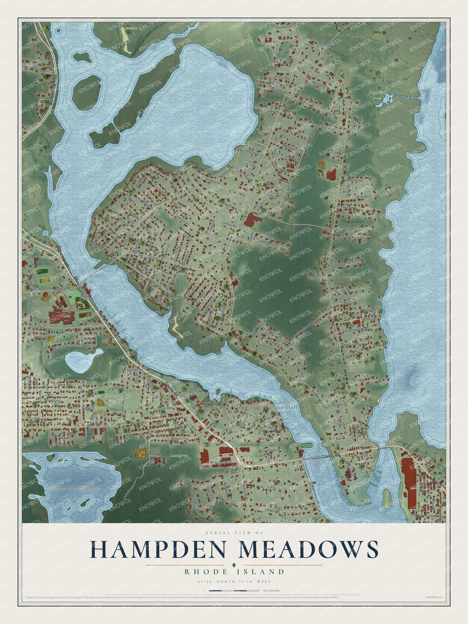 Full map of Hampden Meadows, Rhode Island, with red buildings, printed street names and the land around them