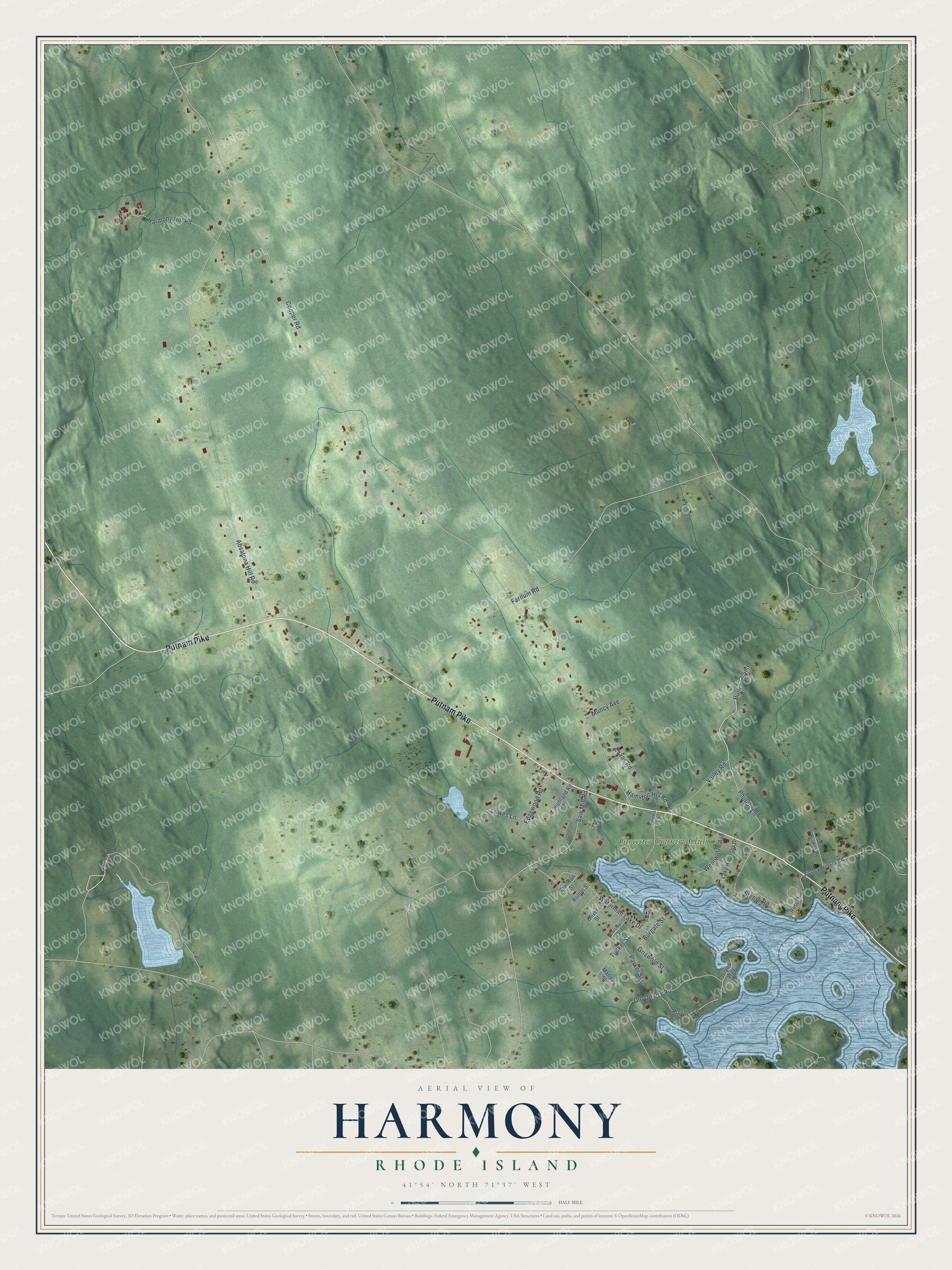 Full map of Harmony, Rhode Island, with red buildings, printed street names and the land around them