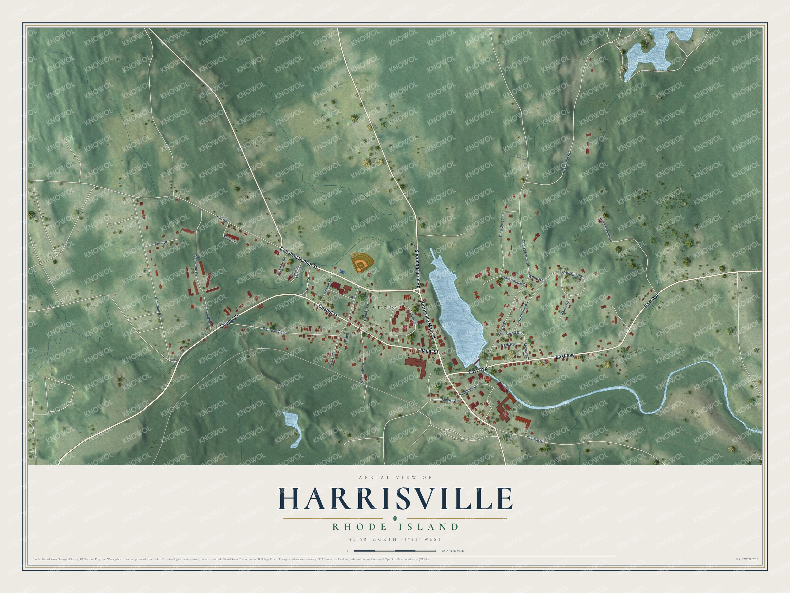 Full map of Harrisville, Rhode Island, with red buildings, printed street names and the land around them