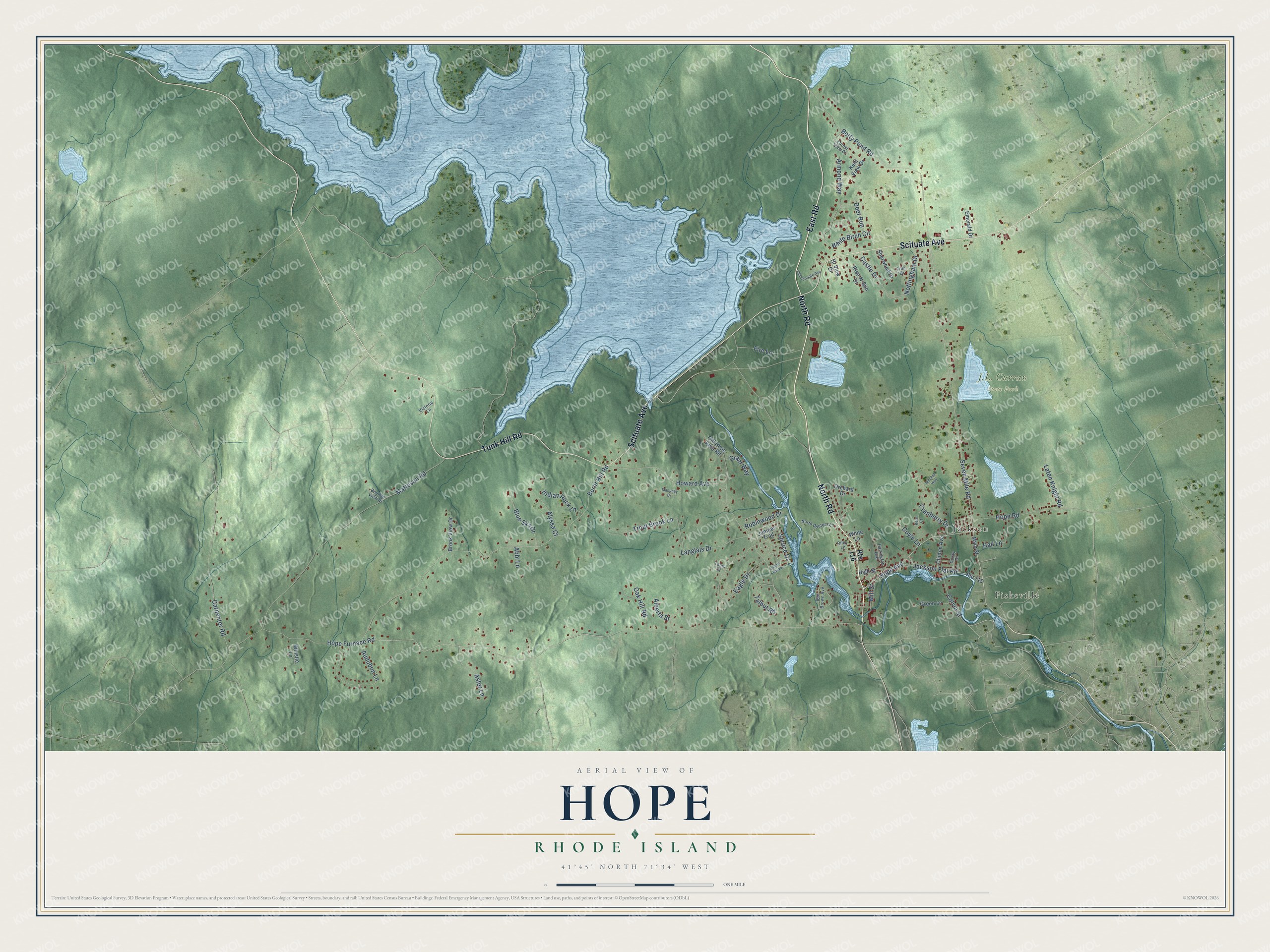 Full map of Hope, Rhode Island, with red buildings, printed street names and the land around them