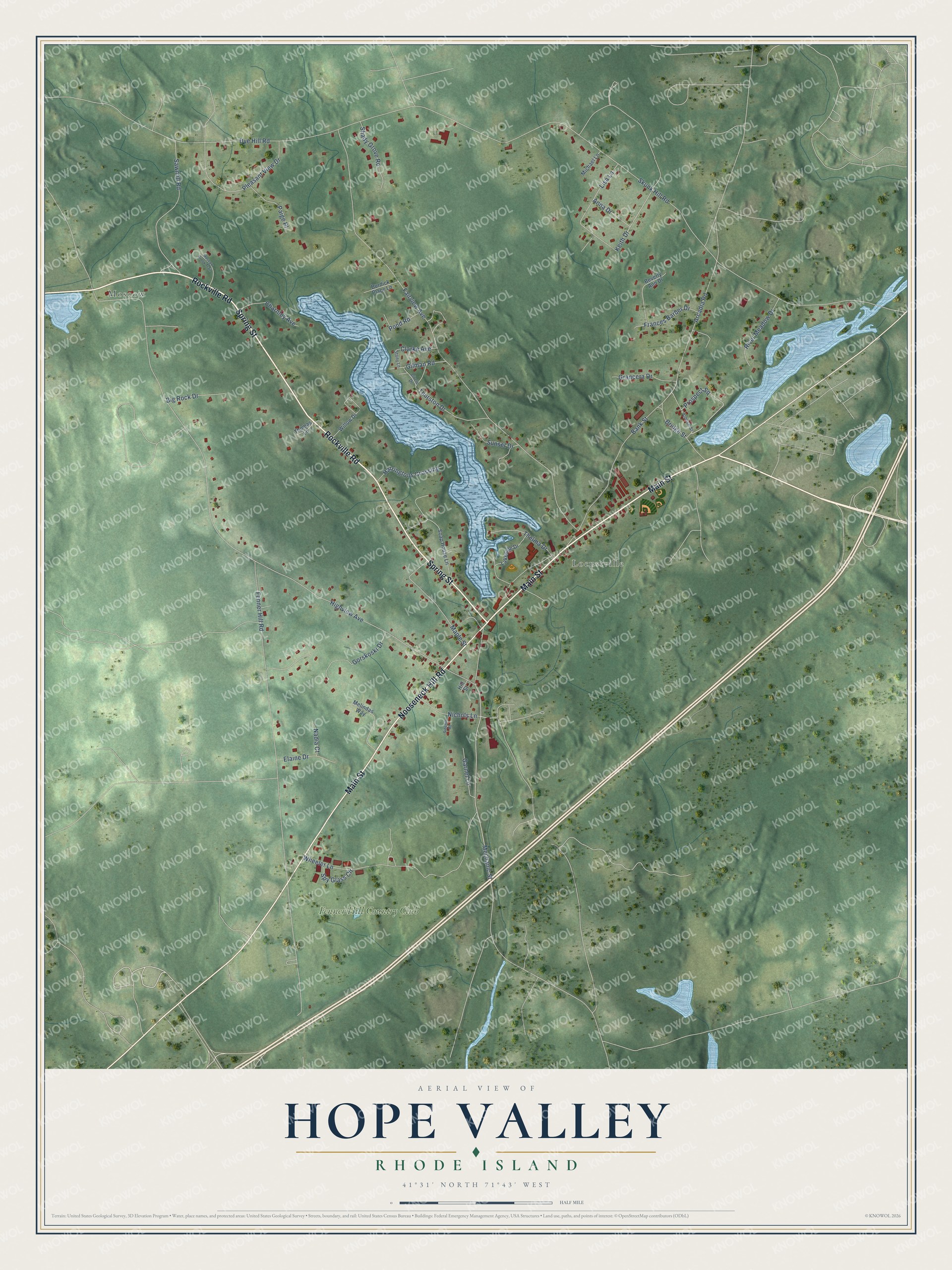 Full map of Hope Valley, Rhode Island, with red buildings, printed street names and the land around them