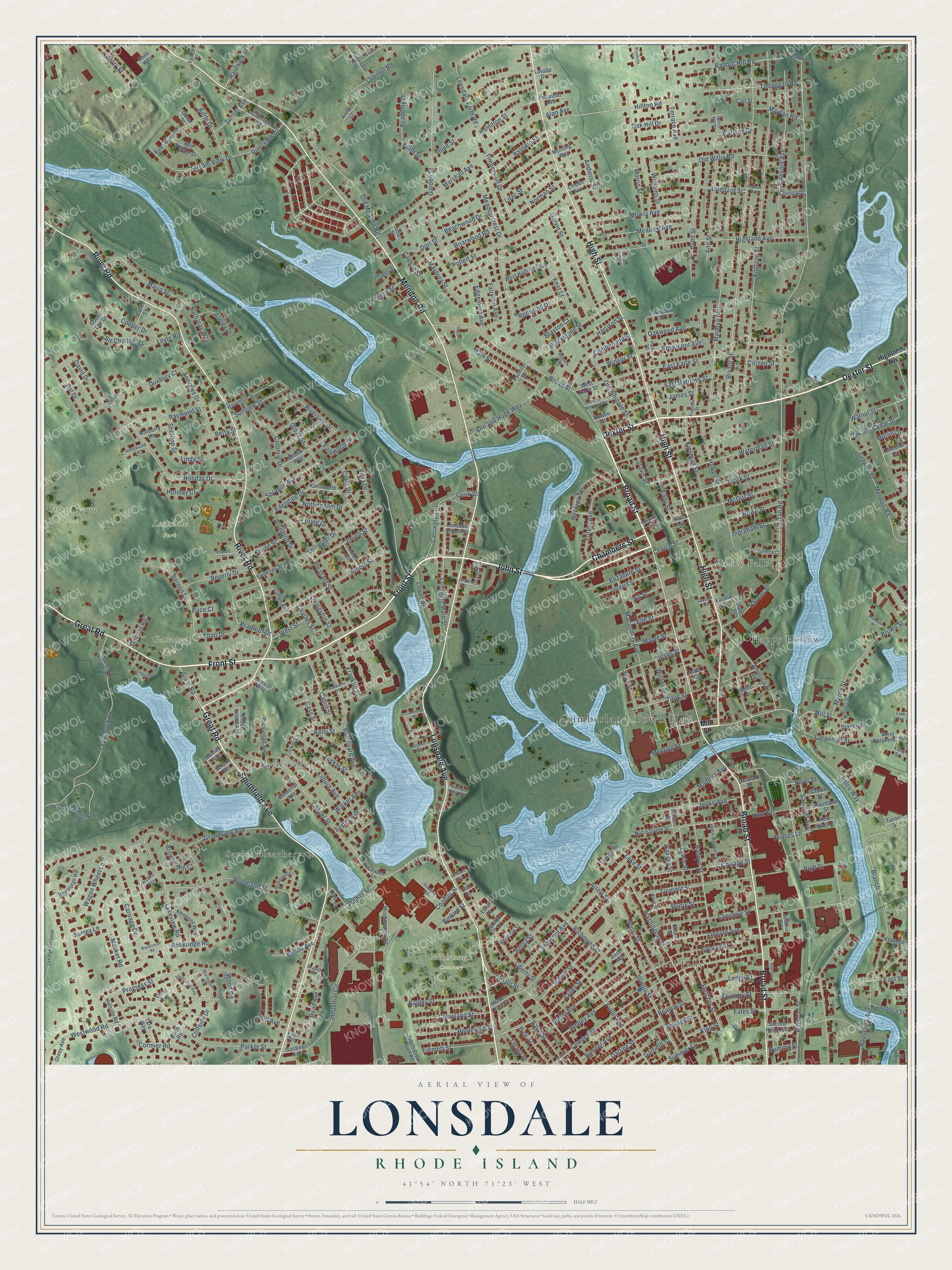 Full map of Lonsdale, Rhode Island, with red buildings, printed street names and the land around them