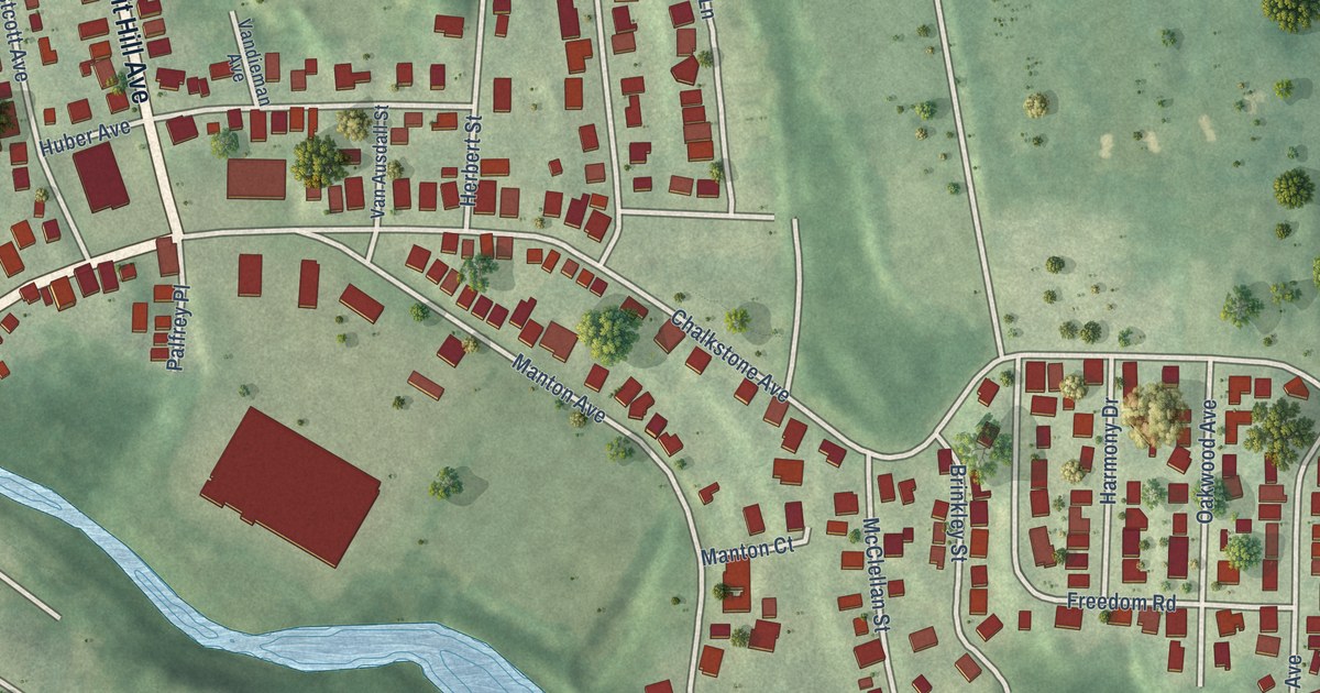 Close-up of streets and buildings in Manton, Rhode Island