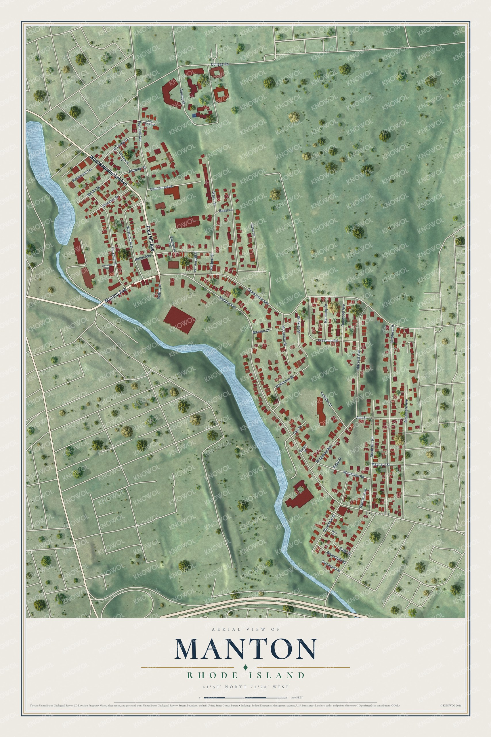 Full map of Manton, Rhode Island, with red buildings, printed street names and the land around them