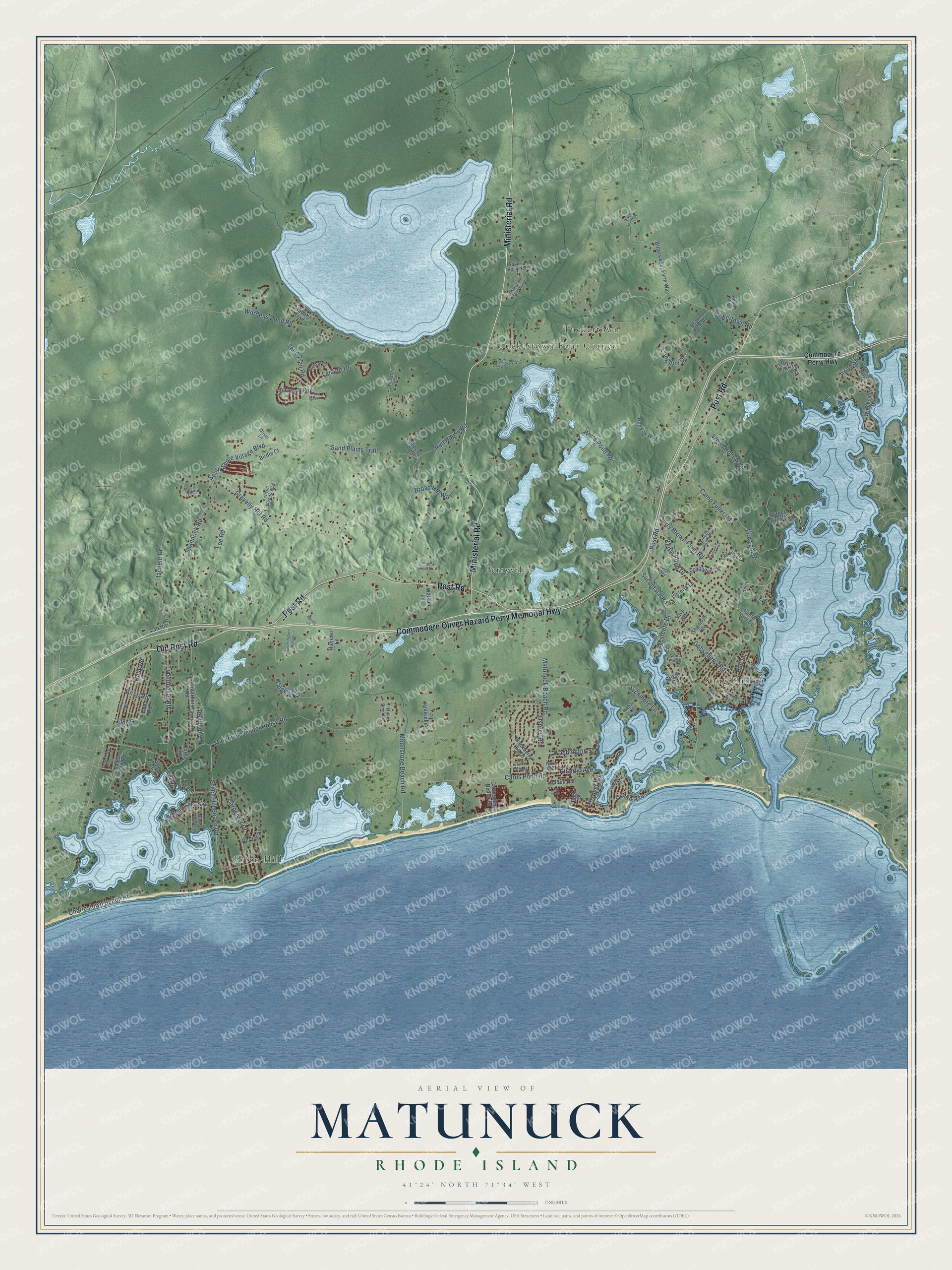 Full map of Matunuck, Rhode Island, with red buildings, printed street names and the land around them