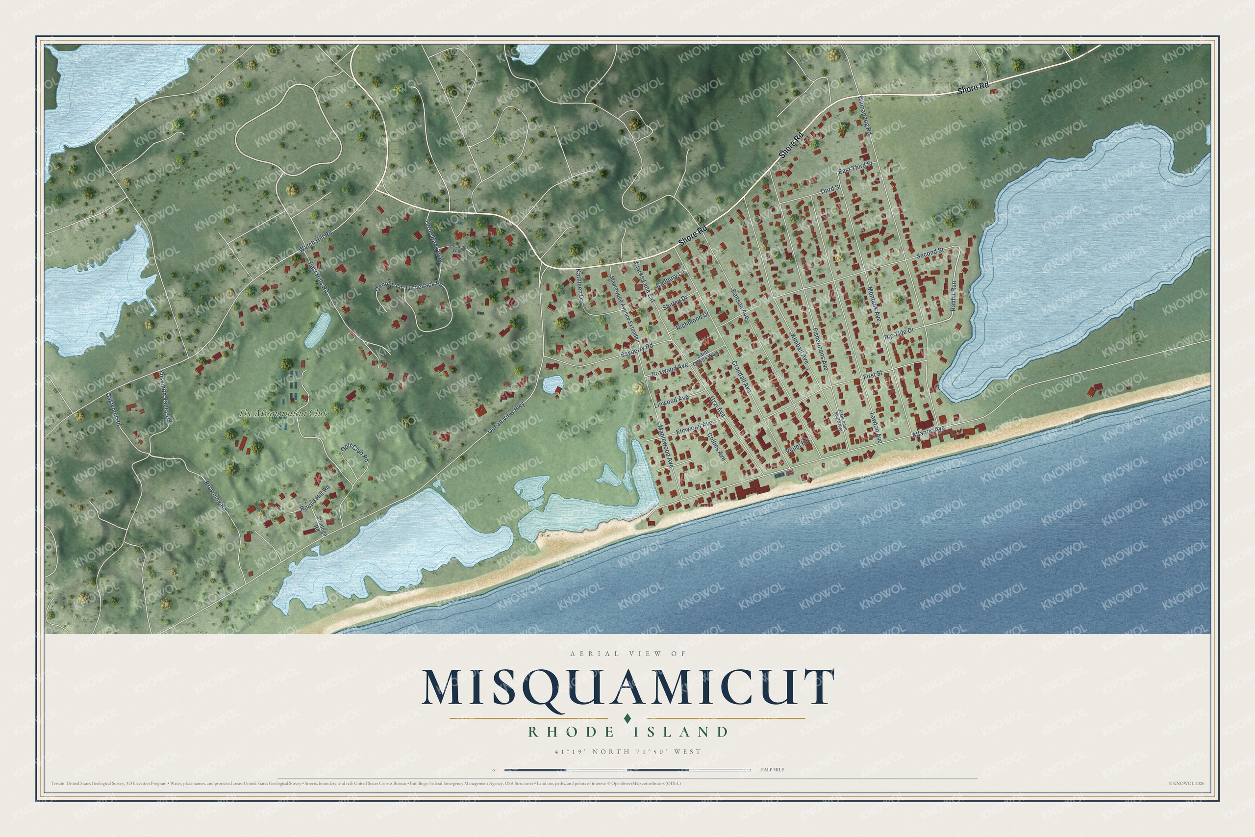 Full map of Misquamicut, Rhode Island, with red buildings, printed street names and the land around them