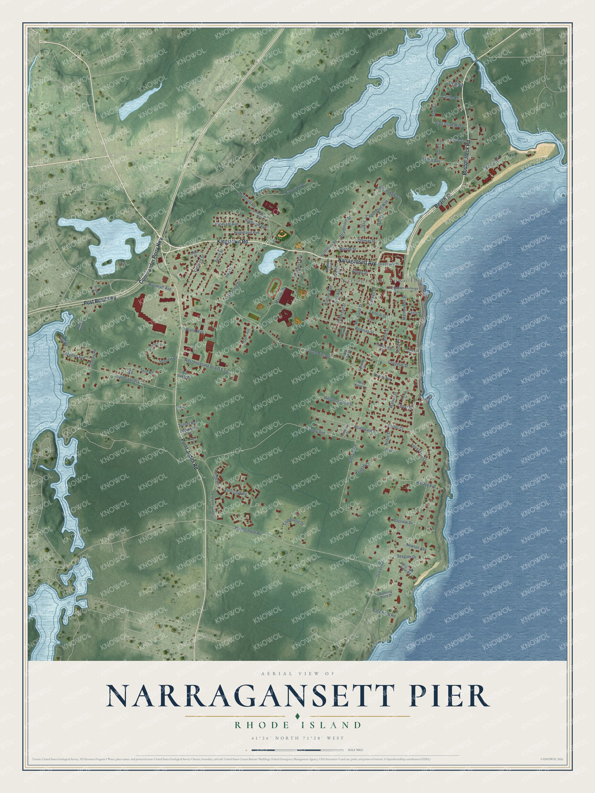 Full map of Narragansett Pier, Rhode Island, with red buildings, printed street names and the land around them