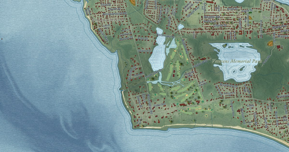 Close-up of streets and buildings in Nayatt, Rhode Island