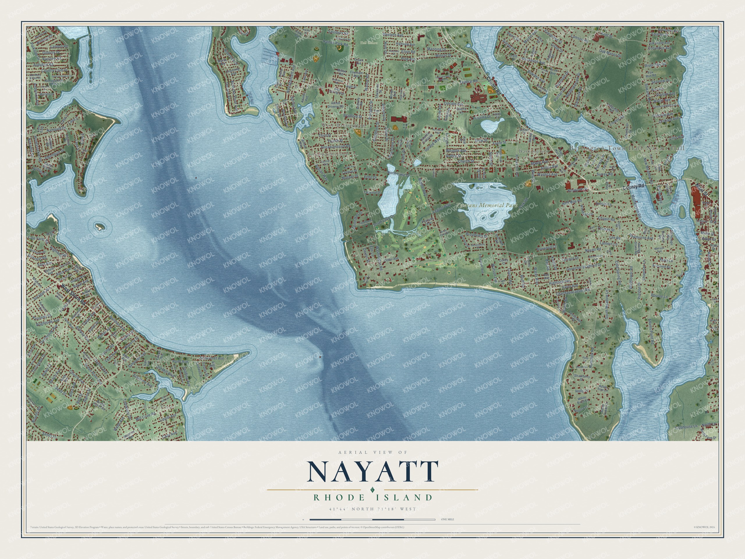Full map of Nayatt, Rhode Island, with red buildings, printed street names and the land around them
