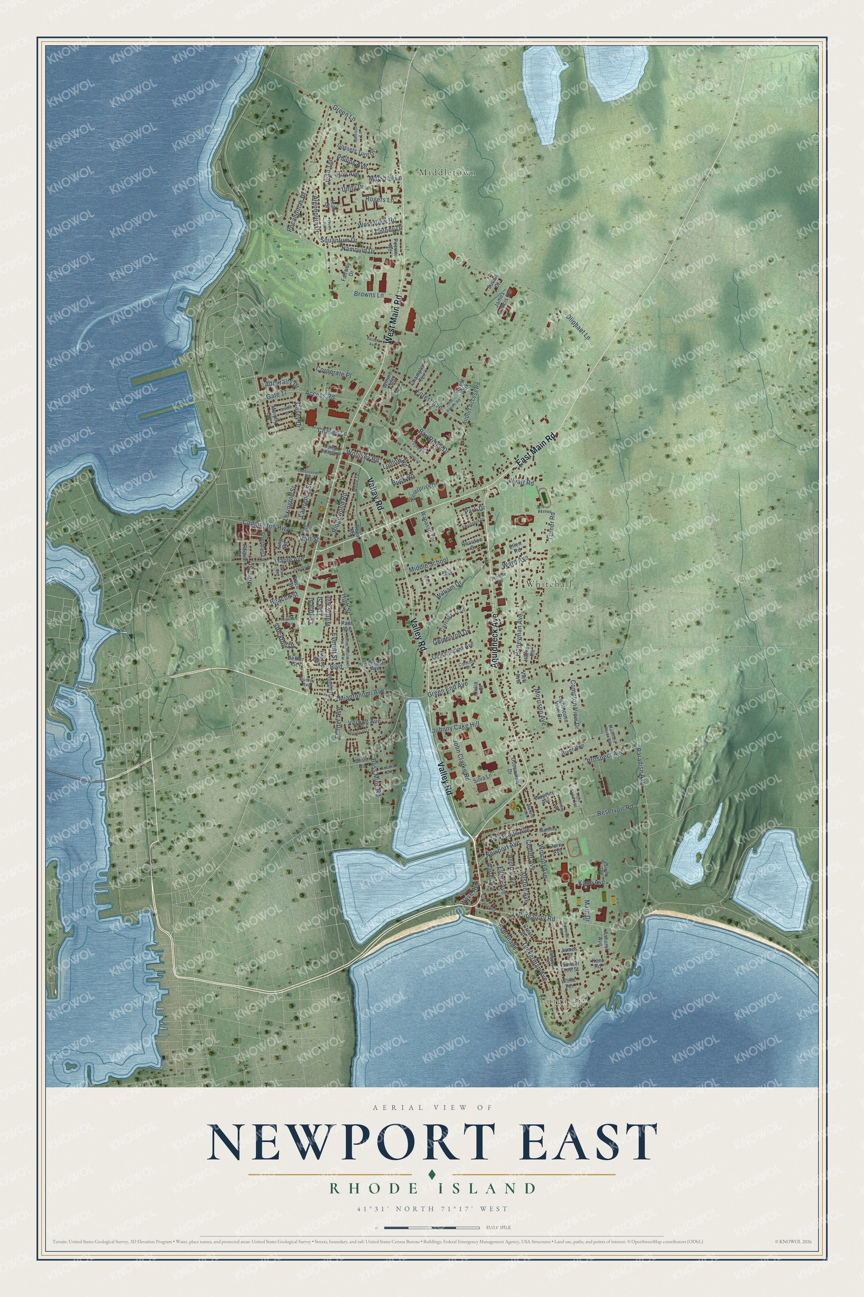 Full map of Newport East, Rhode Island, with red buildings, printed street names and the land around them