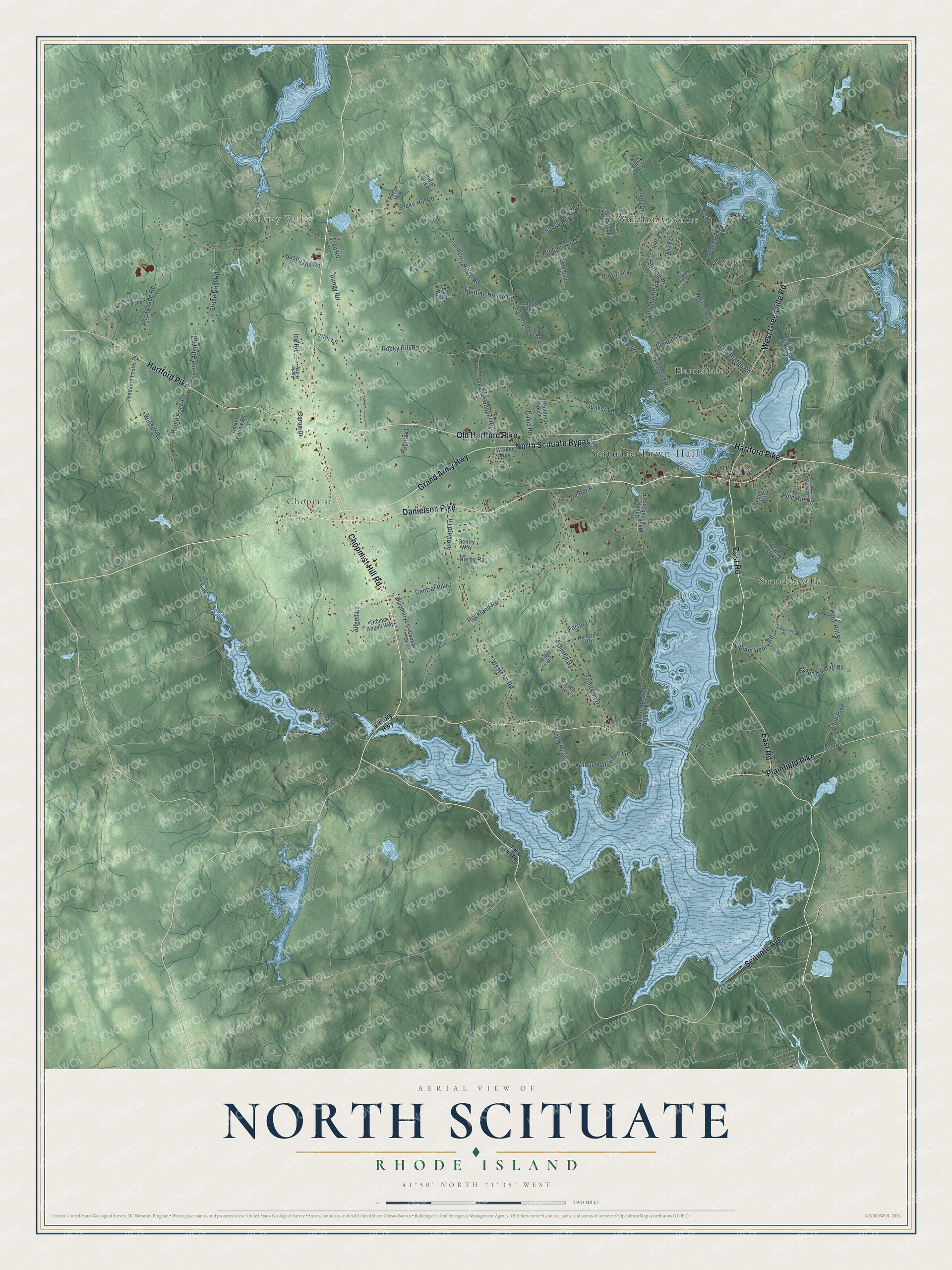Full map of North Scituate, Rhode Island, with red buildings, printed street names and the land around them