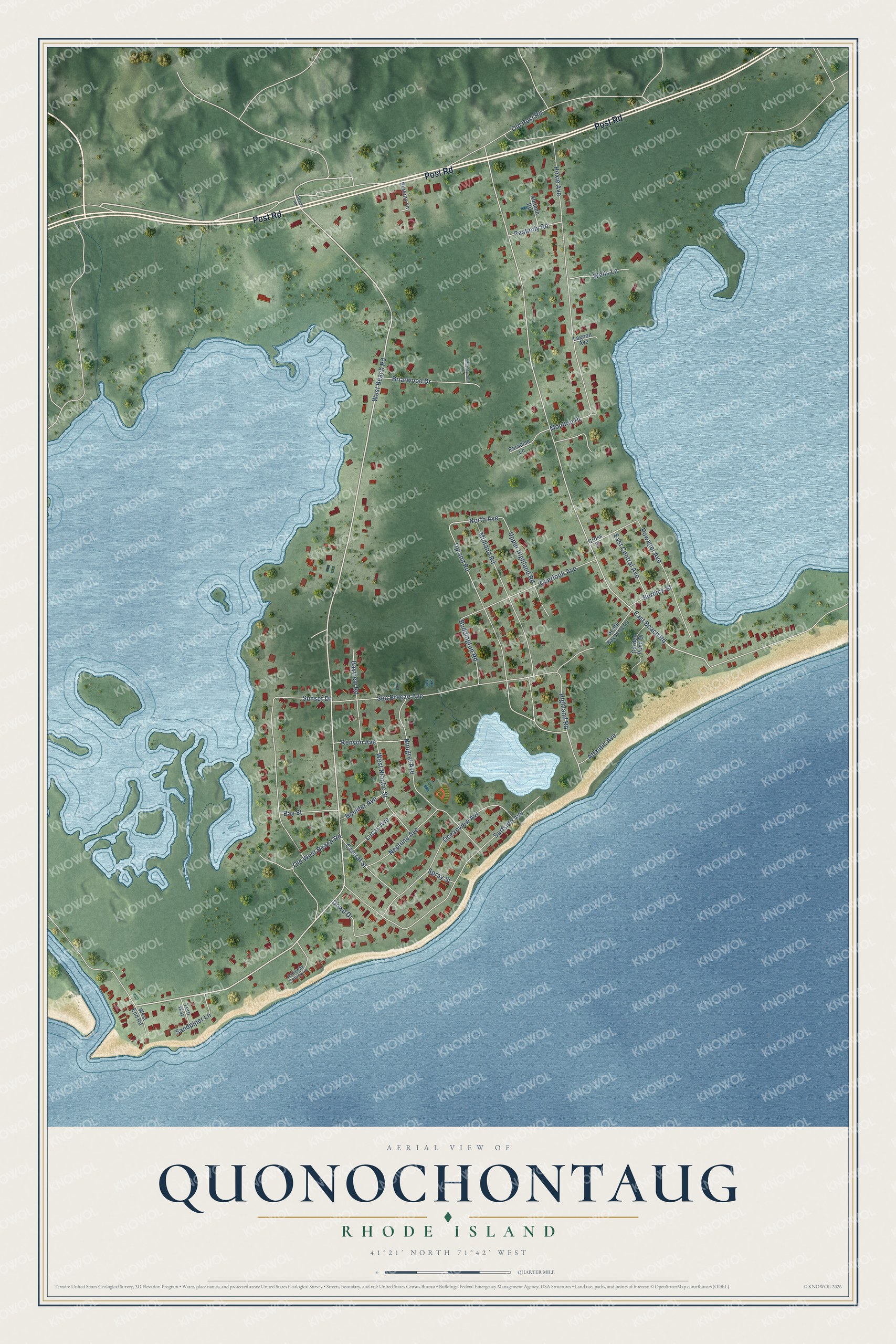Full map of Quonochontaug, Rhode Island, with red buildings, printed street names and the land around them