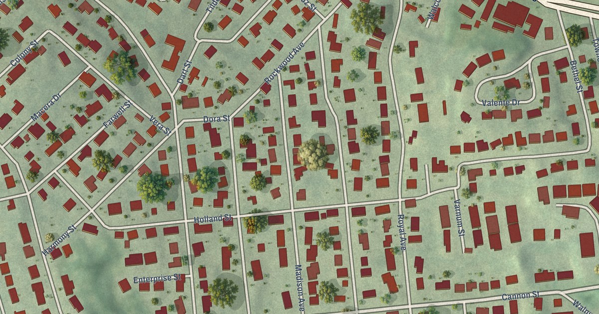Close-up of streets and buildings in Thornton, Rhode Island
