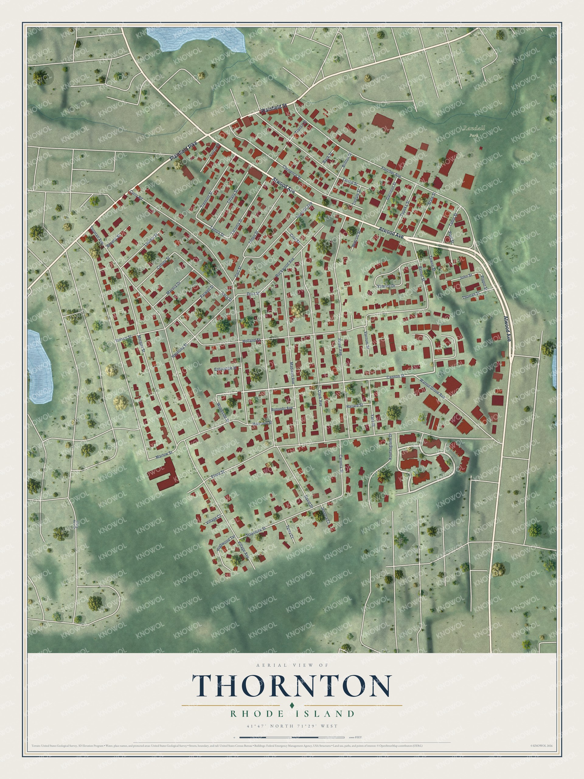 Full map of Thornton, Rhode Island, with red buildings, printed street names and the land around them
