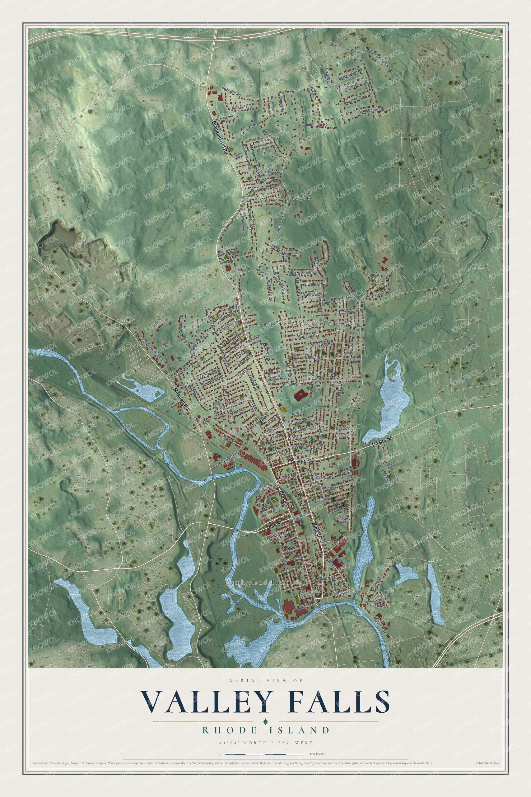 Full map of Valley Falls, Rhode Island, with red buildings, printed street names and the land around them