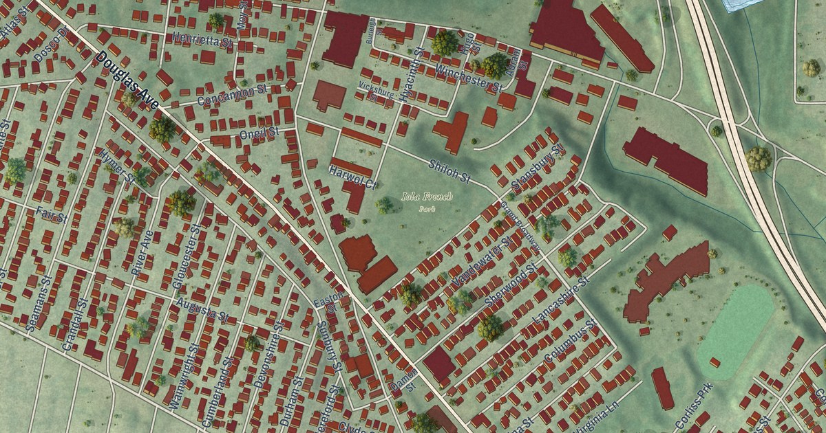Close-up of streets and buildings in Wanskuck, Rhode Island