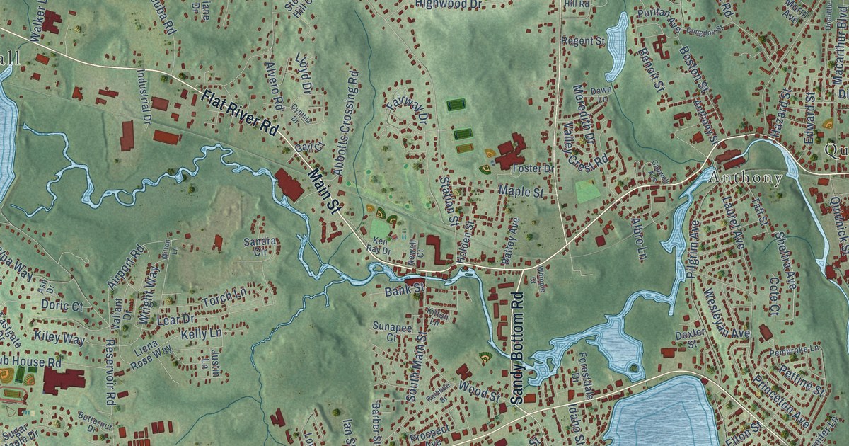 Close-up of streets and buildings in Washington, Rhode Island