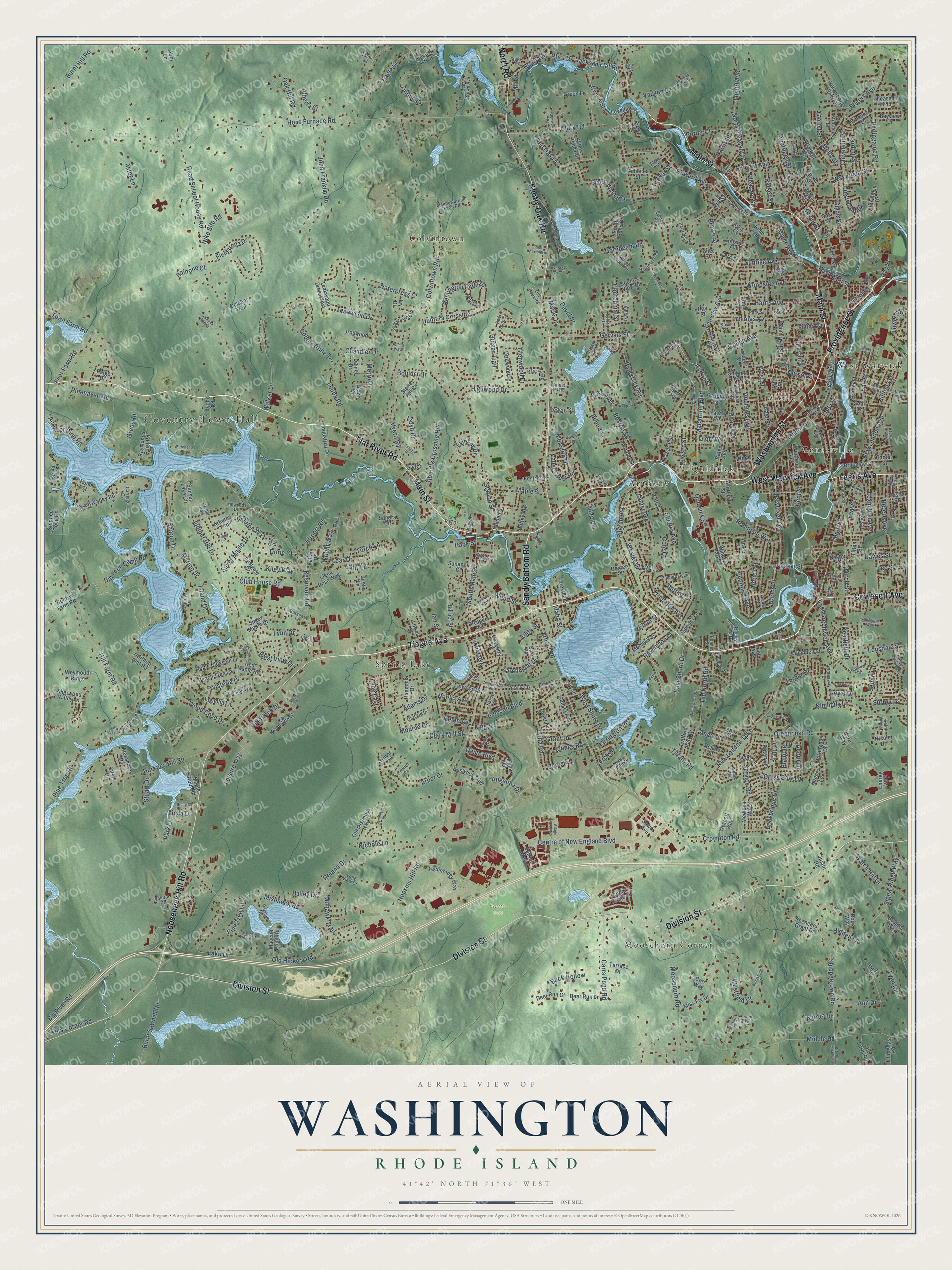 Full map of Washington, Rhode Island, with red buildings, printed street names and the land around them
