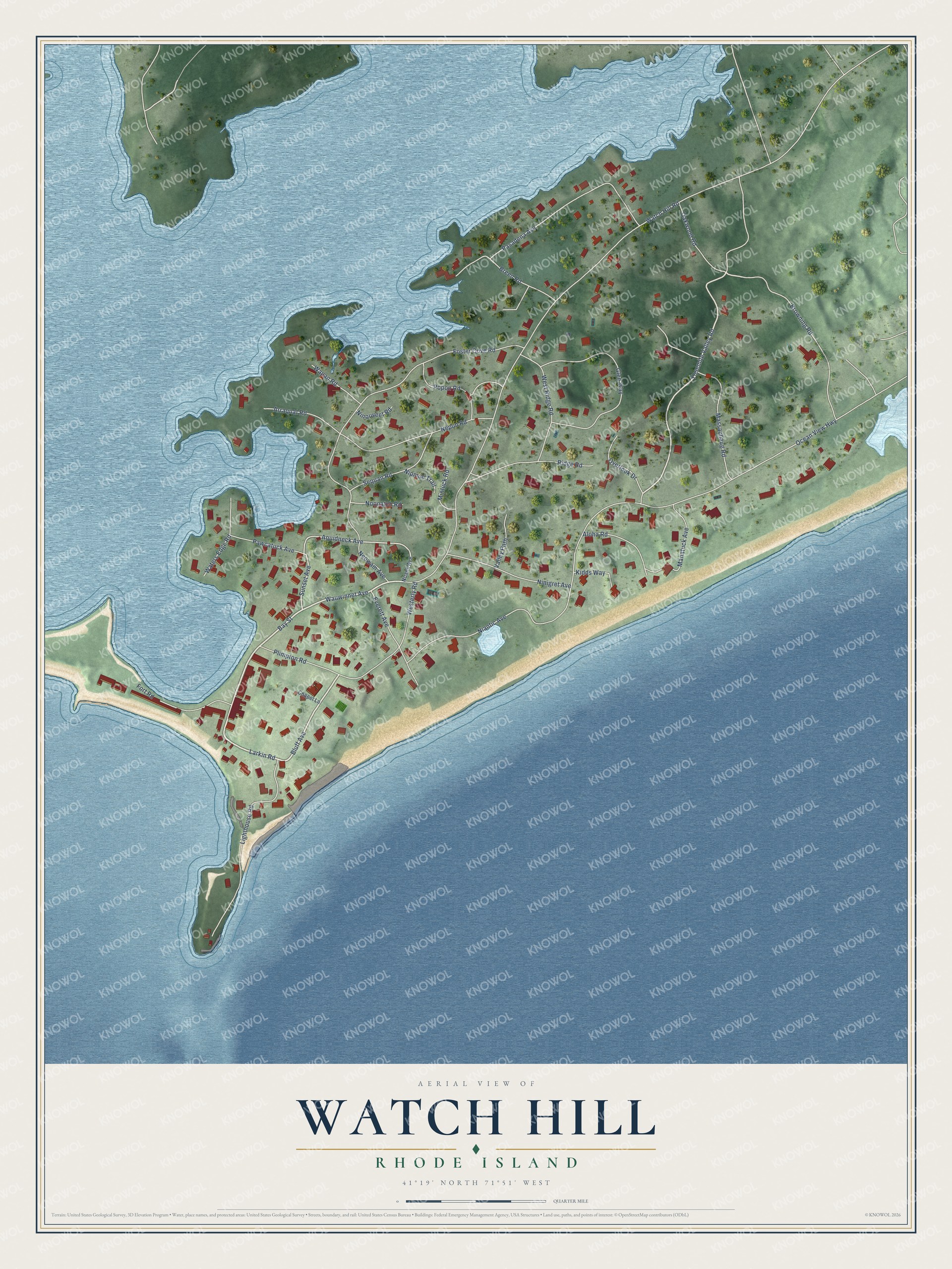 Full map of Watch Hill, Rhode Island, with red buildings, printed street names and the land around them