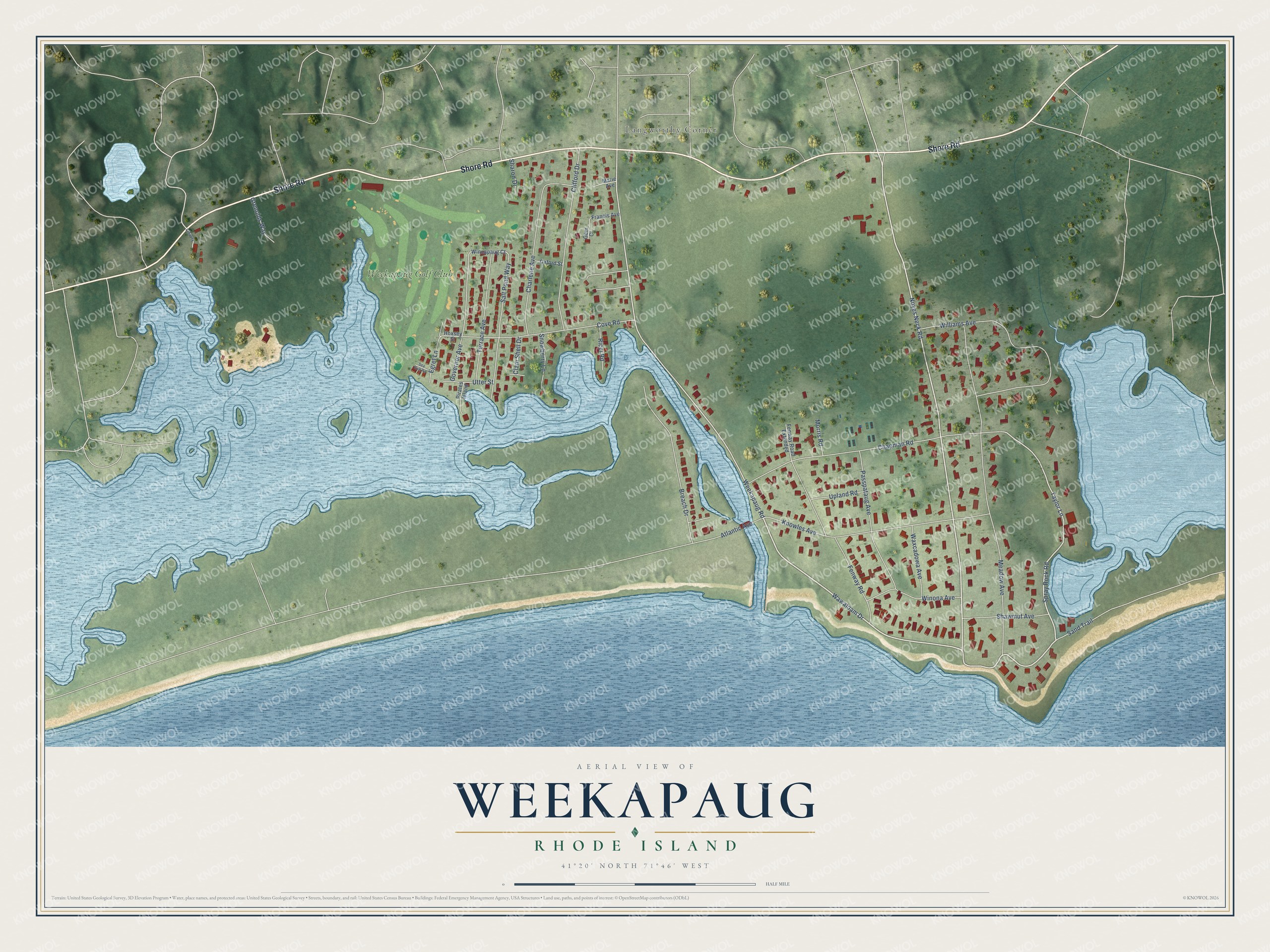 Full map of Weekapaug, Rhode Island, with red buildings, printed street names and the land around them
