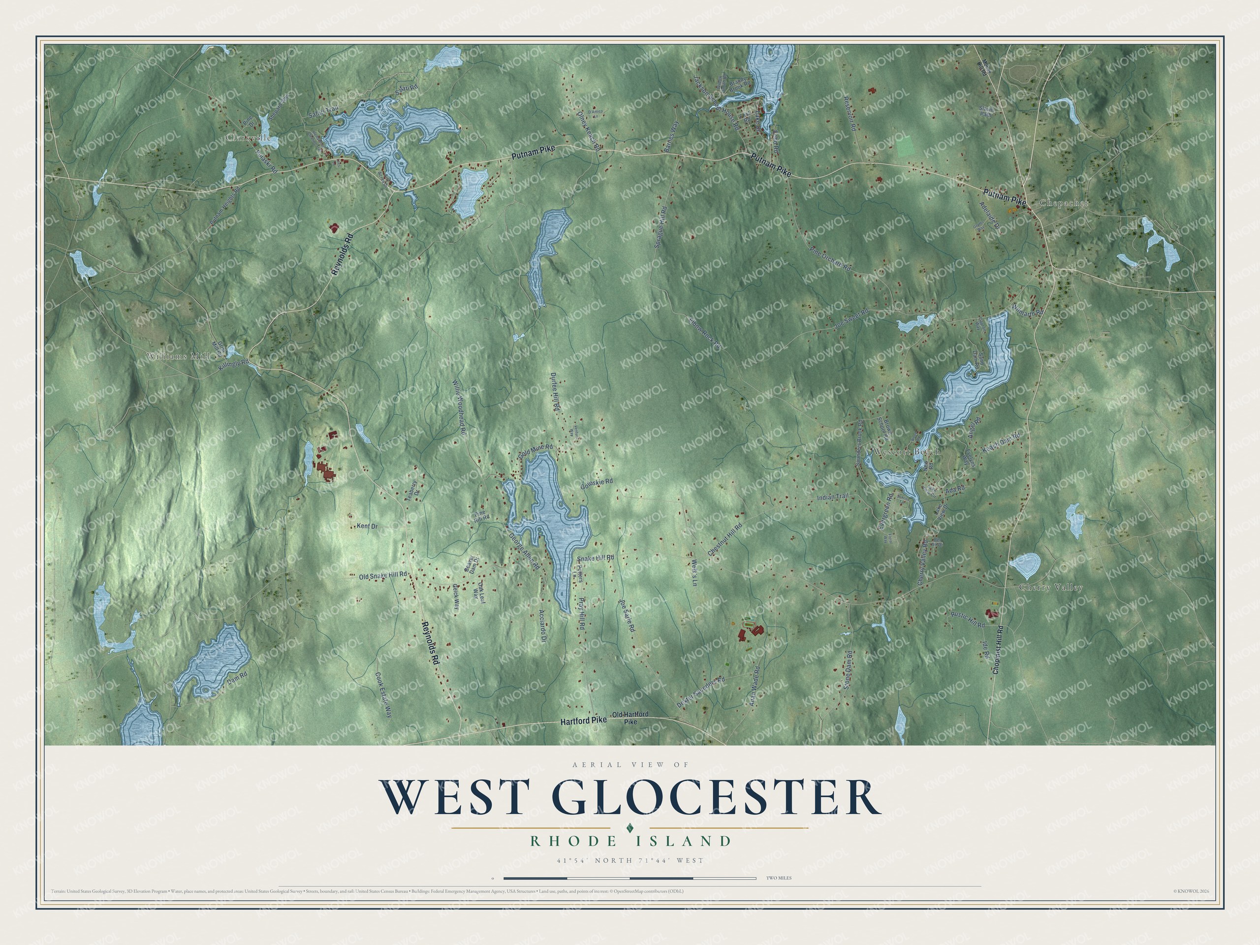 Full map of West Glocester, Rhode Island, with red buildings, printed street names and the land around them