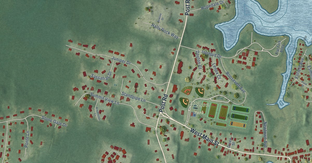 Close-up of streets and buildings in Wickford, Rhode Island
