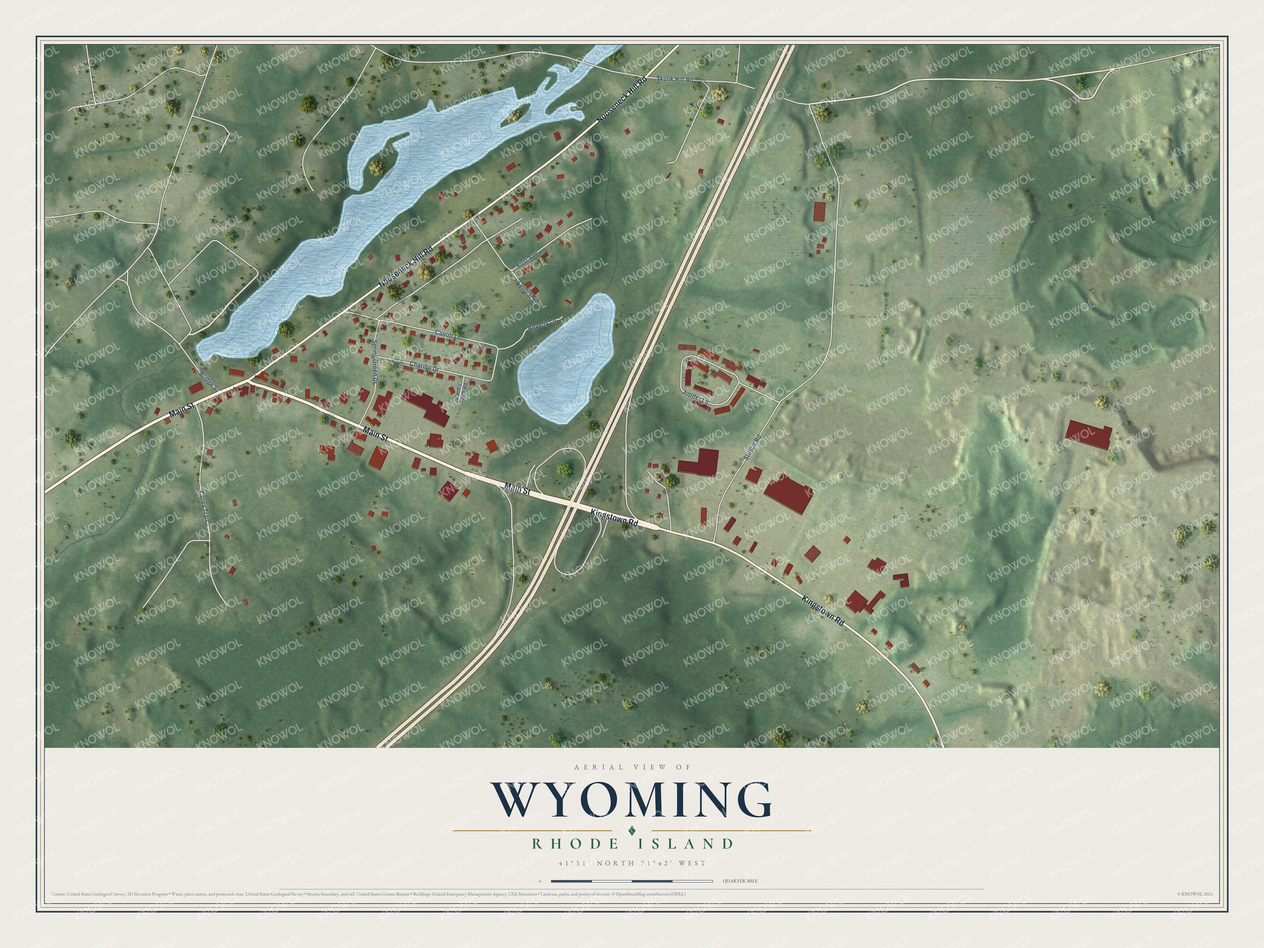 Full map of Wyoming, Rhode Island, with red buildings, printed street names and the land around them
