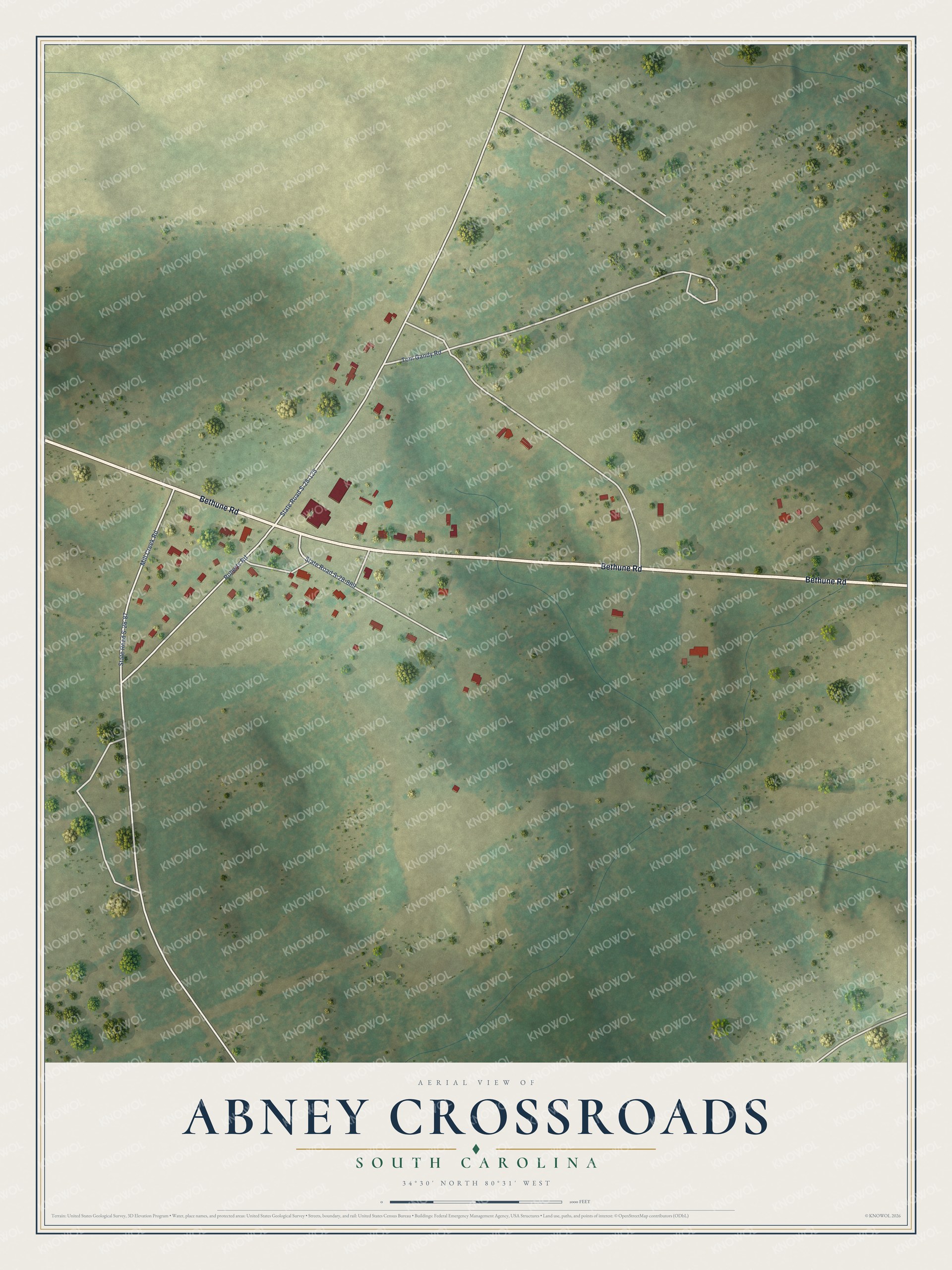 Full map of Abney Crossroads, South Carolina, with red buildings, printed street names and the land around them