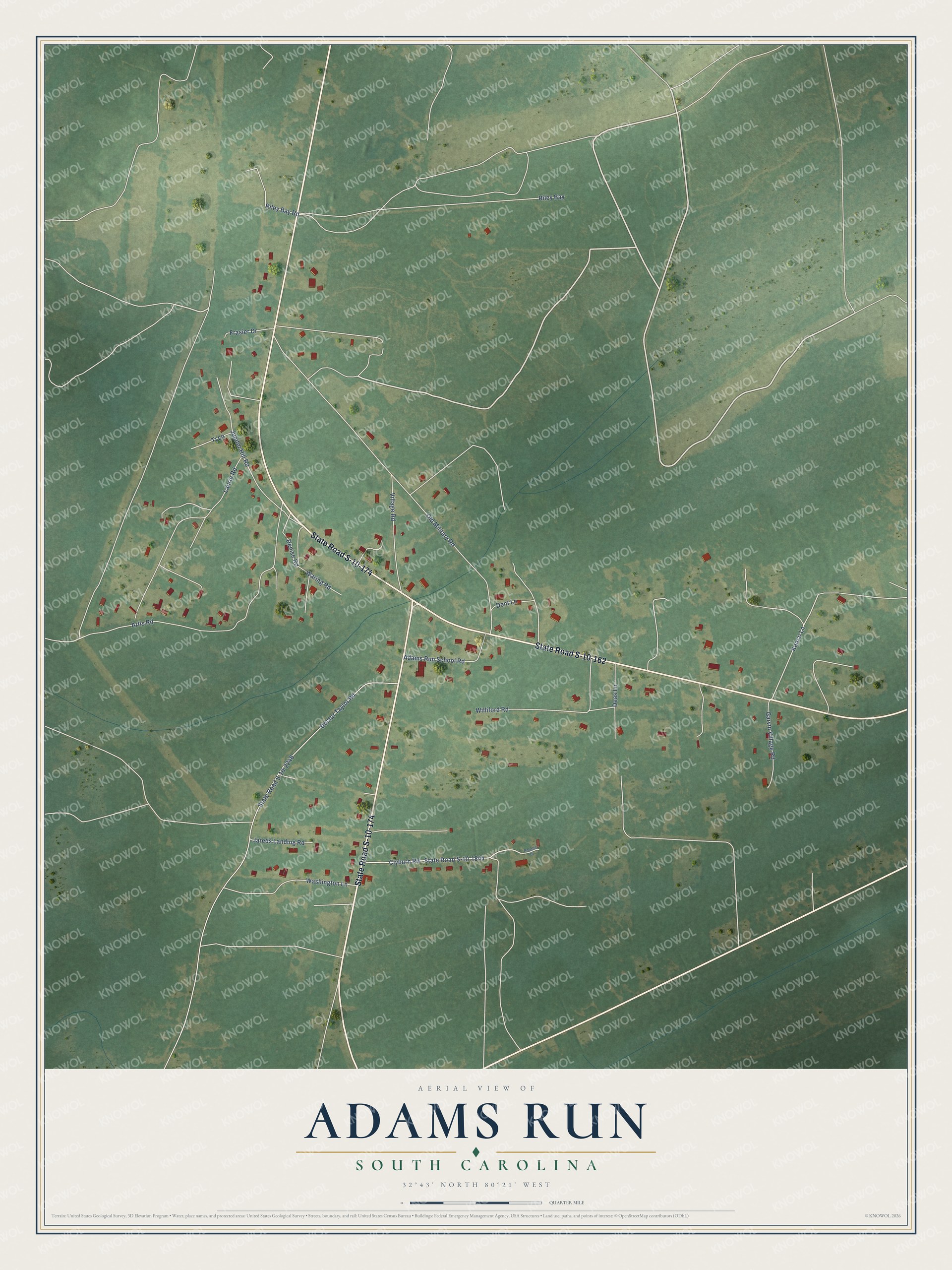 Full map of Adams Run, South Carolina, with red buildings, printed street names and the land around them