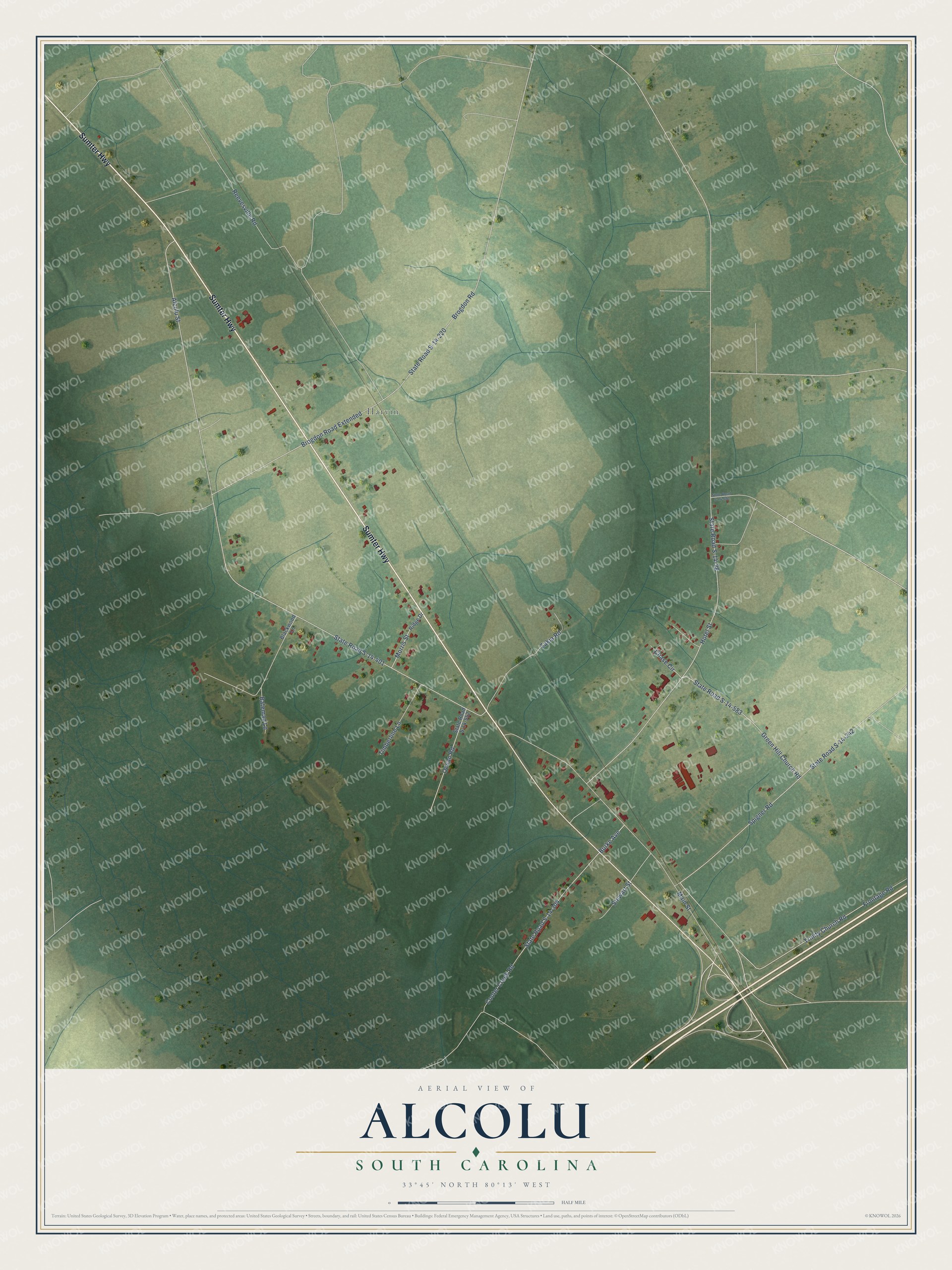 Full map of Alcolu, South Carolina, with red buildings, printed street names and the land around them