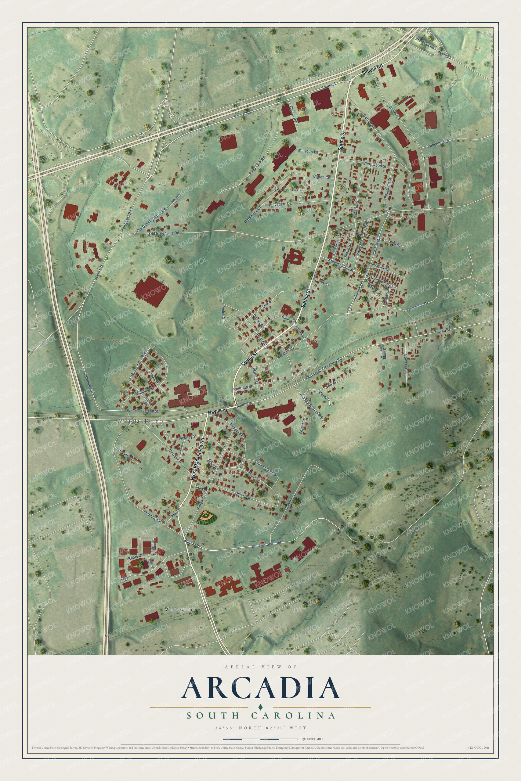 Full map of Arcadia, South Carolina, with red buildings, printed street names and the land around them