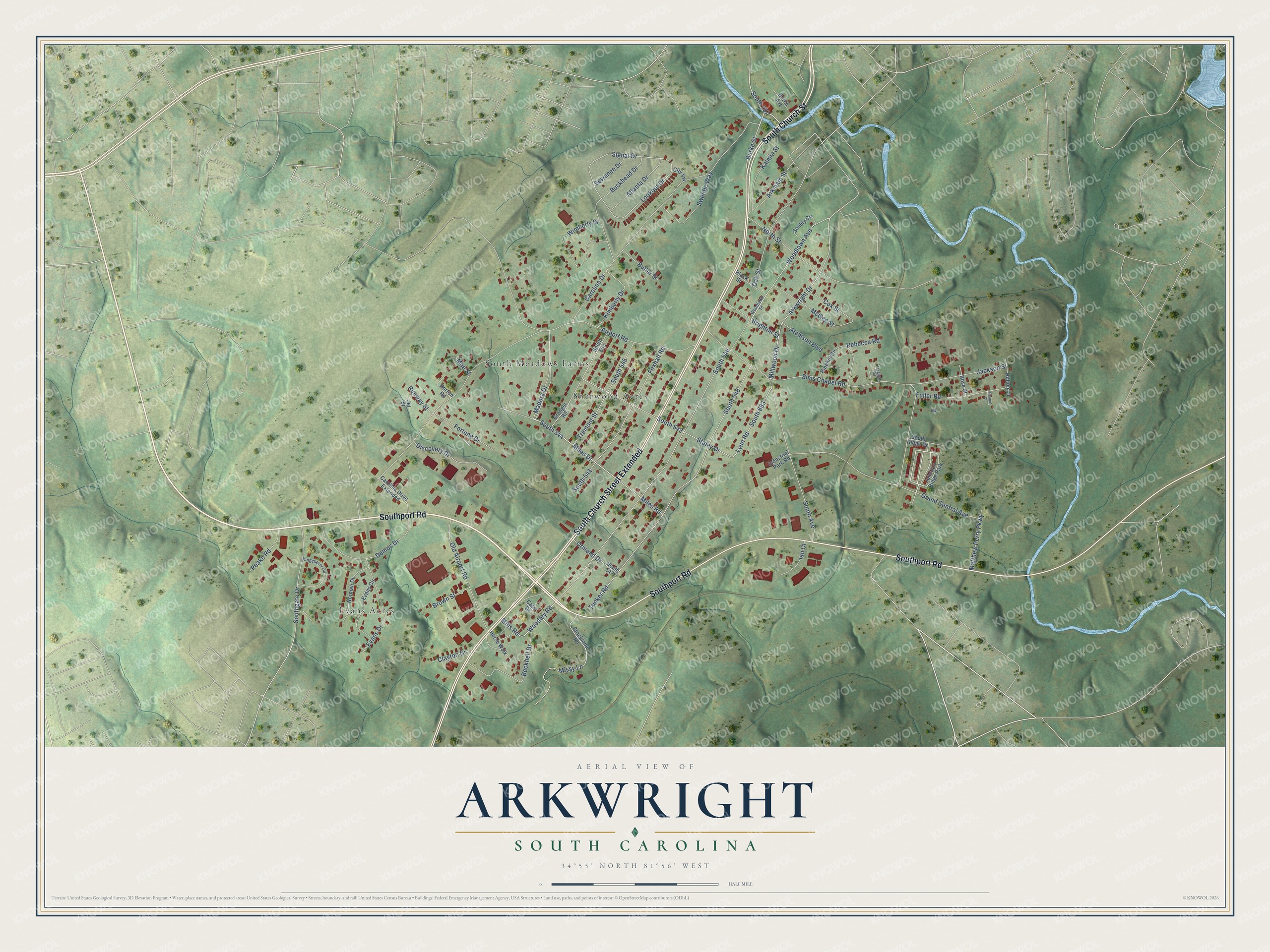 Full map of Arkwright, South Carolina, with red buildings, printed street names and the land around them