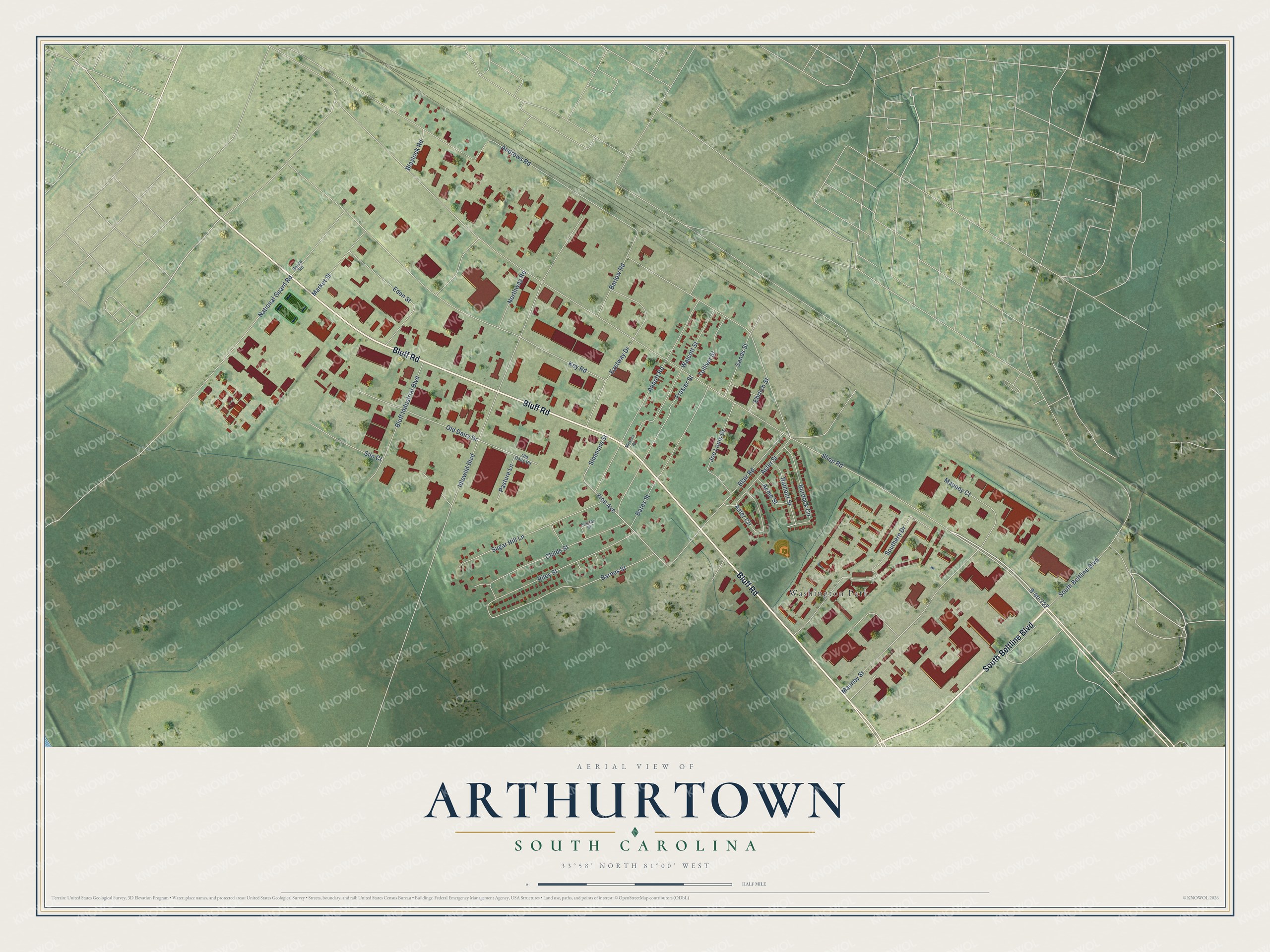 Full map of Arthurtown, South Carolina, with red buildings, printed street names and the land around them