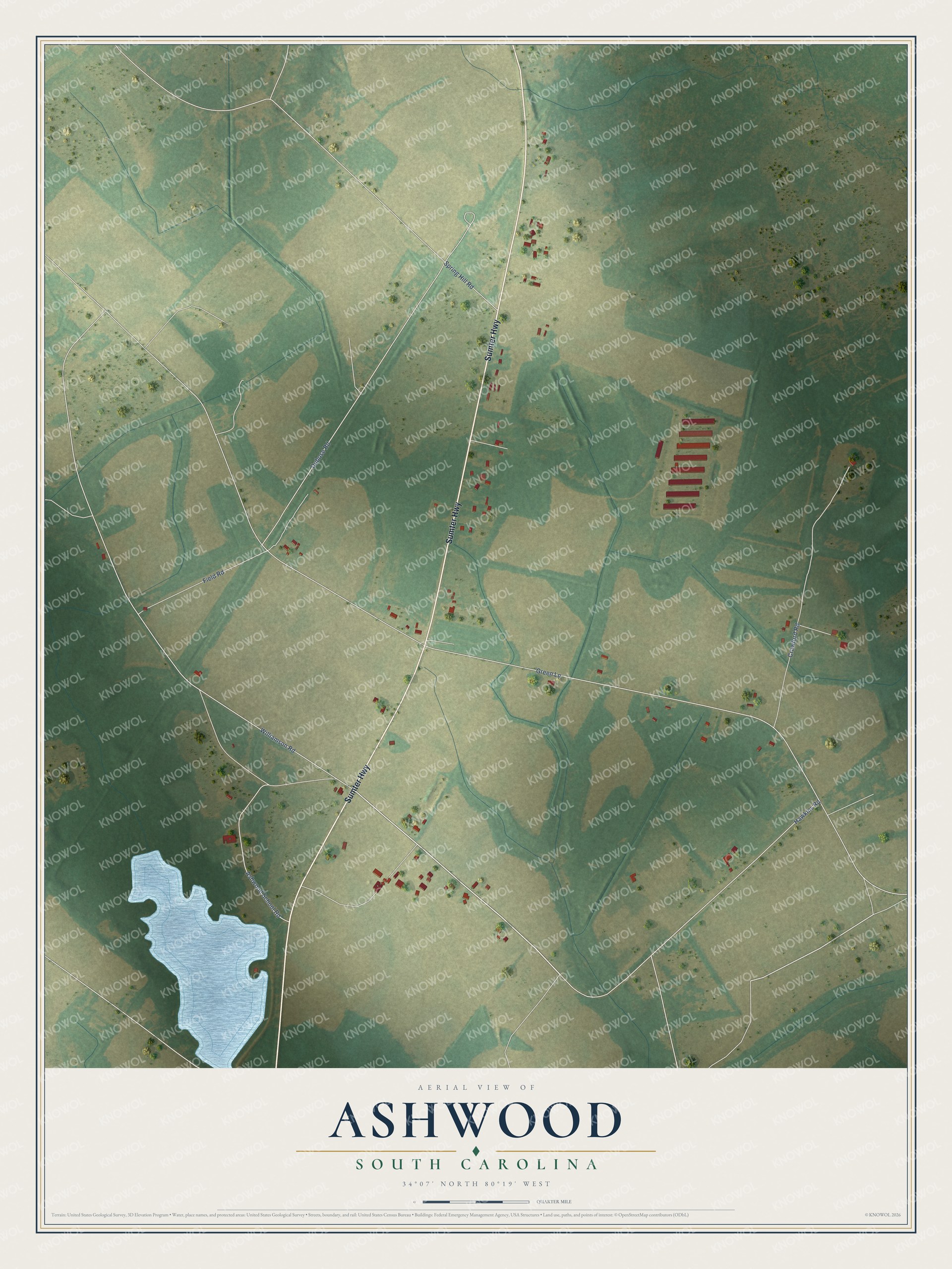 Full map of Ashwood, South Carolina, with red buildings, printed street names and the land around them