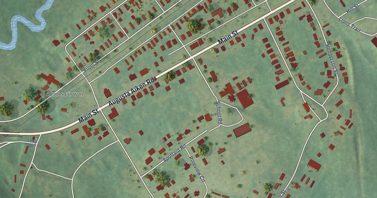Close-up of streets and buildings in Bath, South Carolina