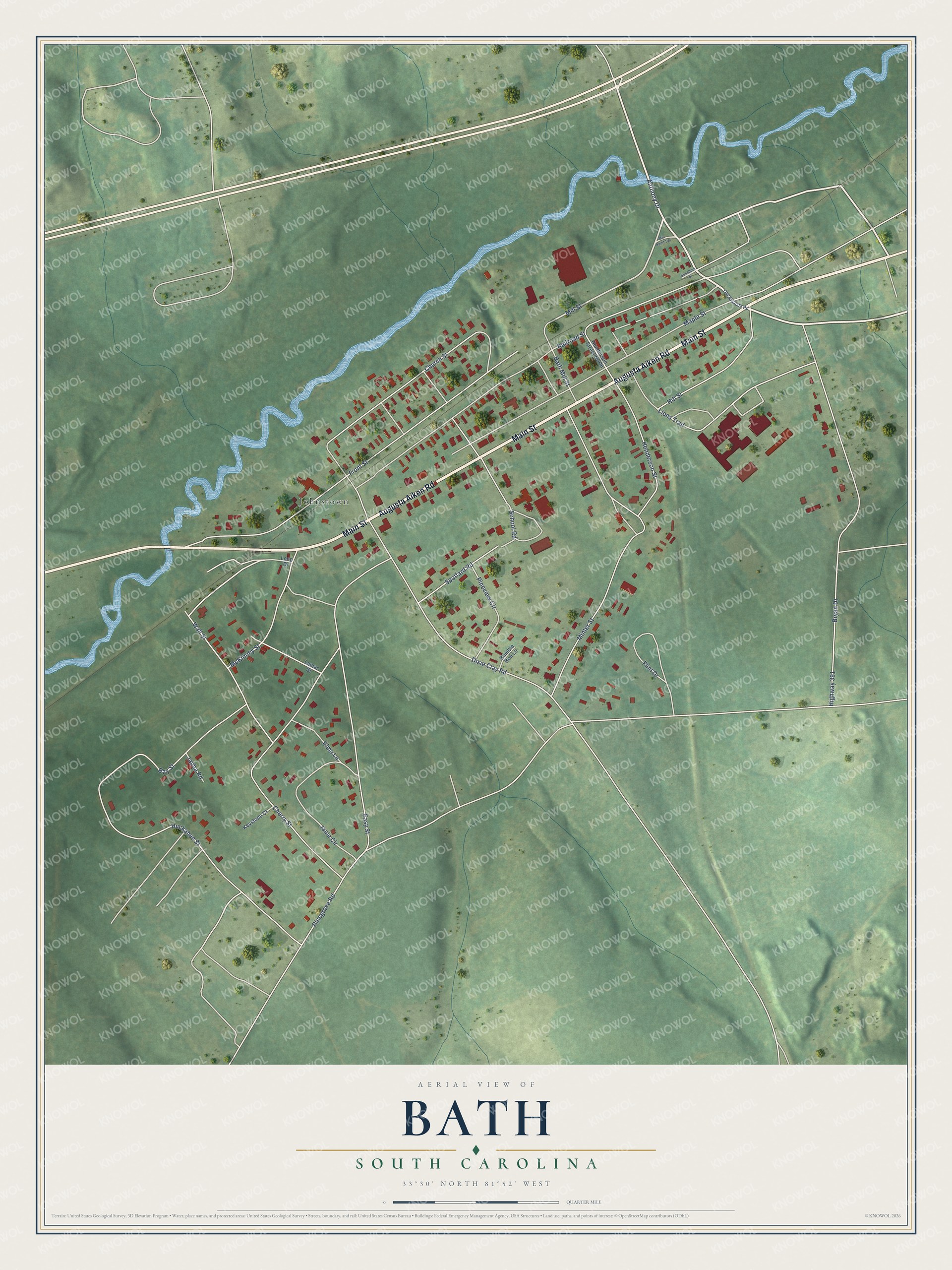 Full map of Bath, South Carolina, with red buildings, printed street names and the land around them