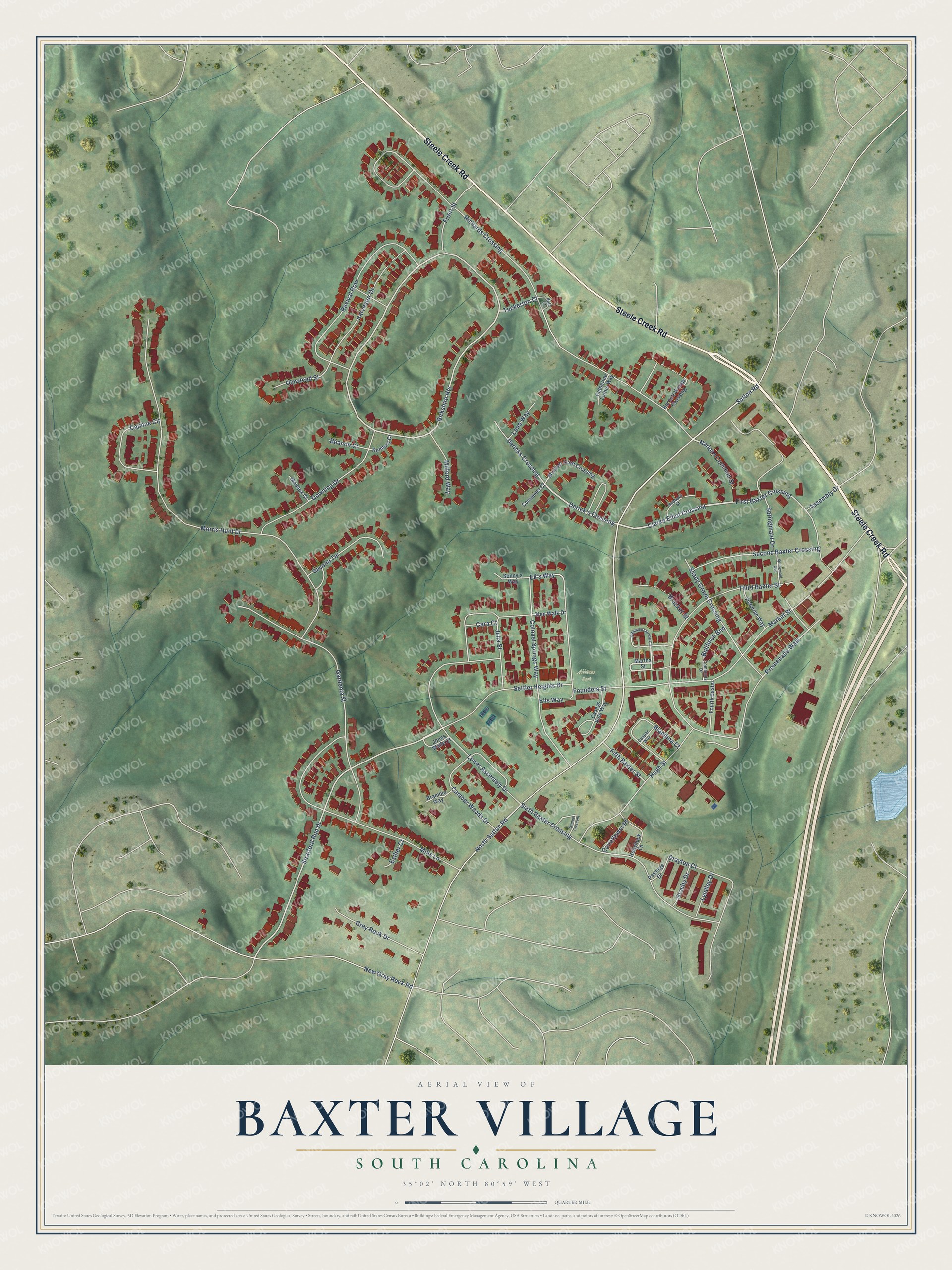Full map of Baxter Village, South Carolina, with red buildings, printed street names and the land around them