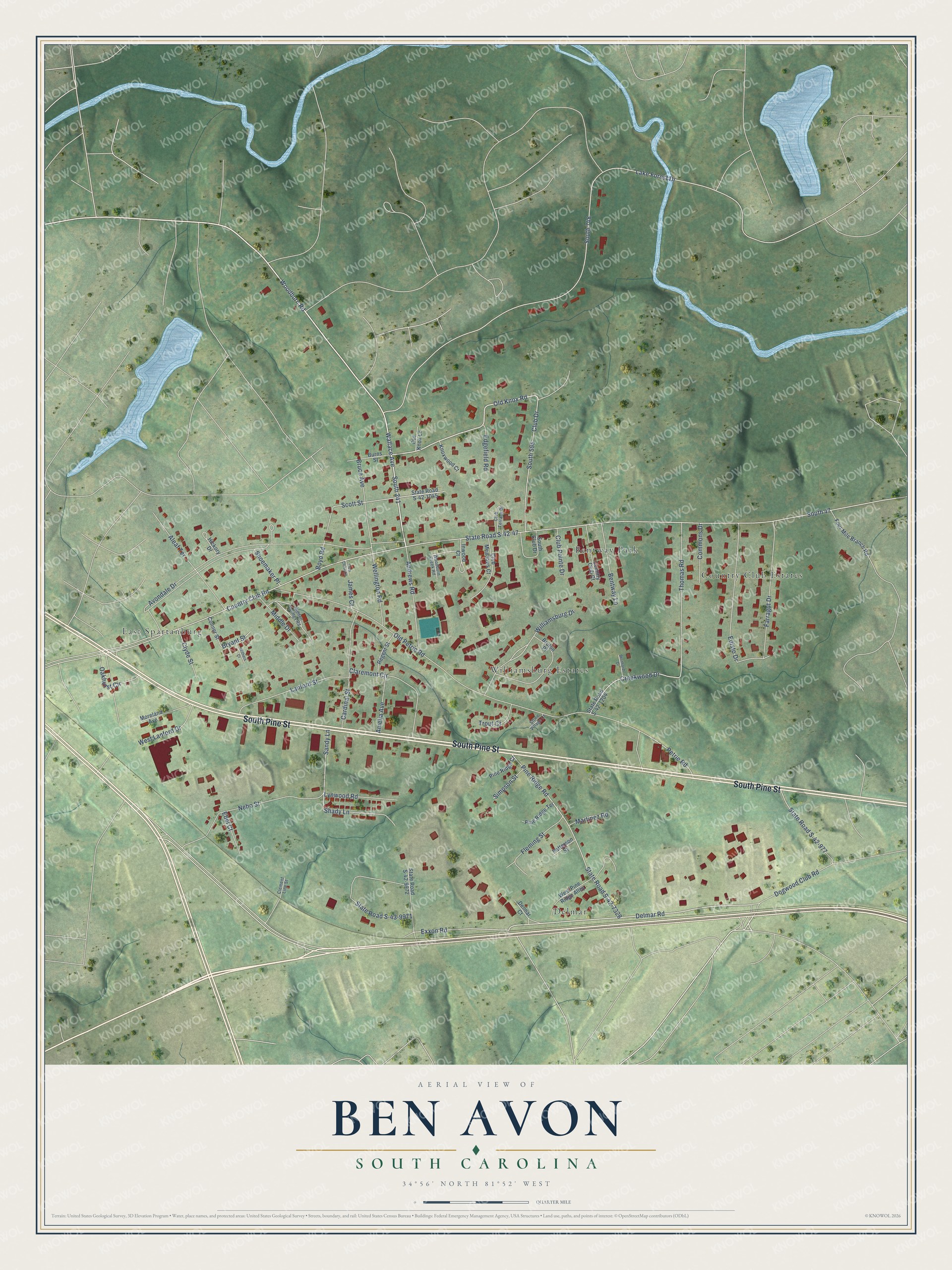 Full map of Ben Avon, South Carolina, with red buildings, printed street names and the land around them