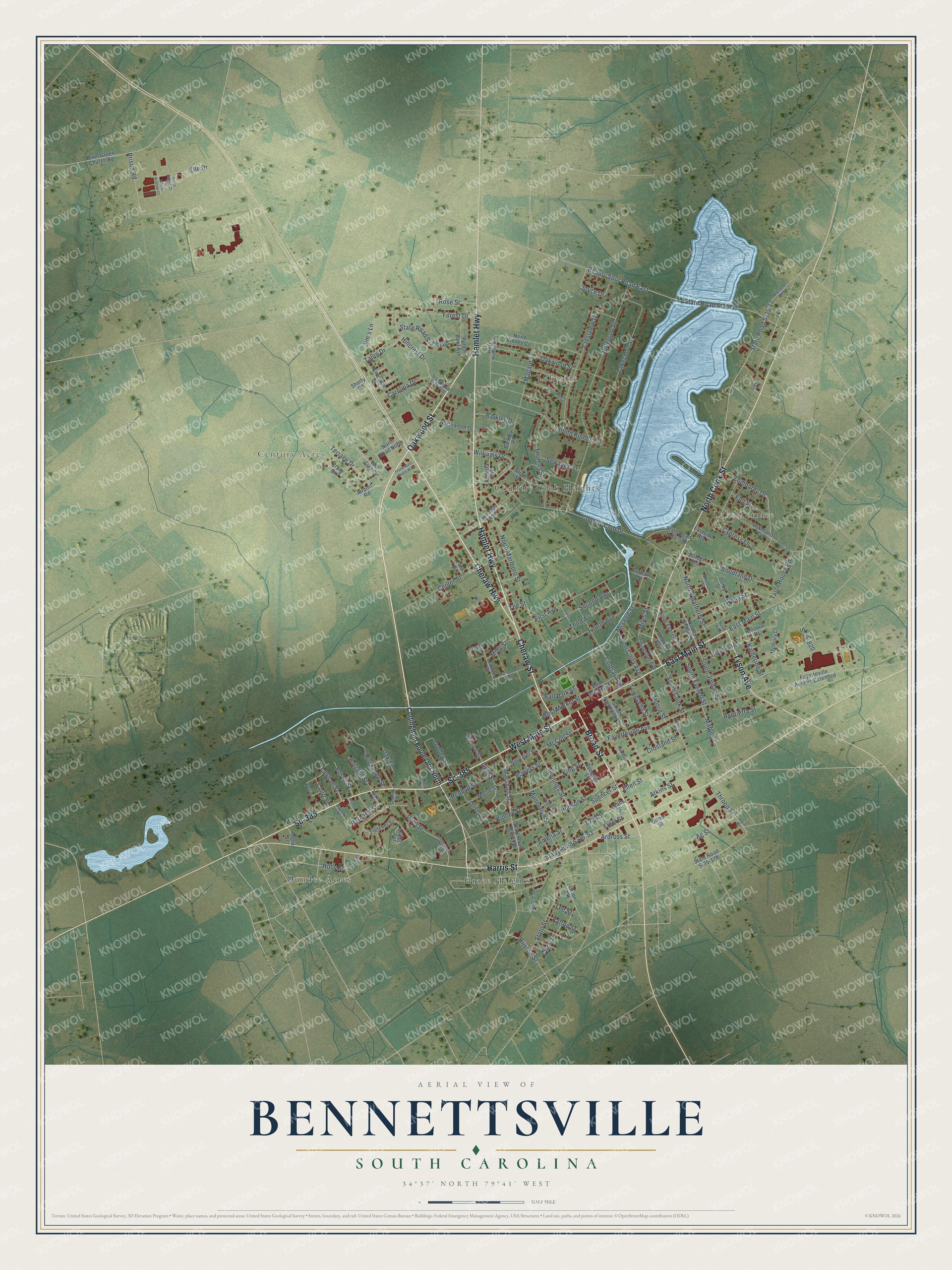 Watermarked full-map preview of Bennettsville, South Carolina